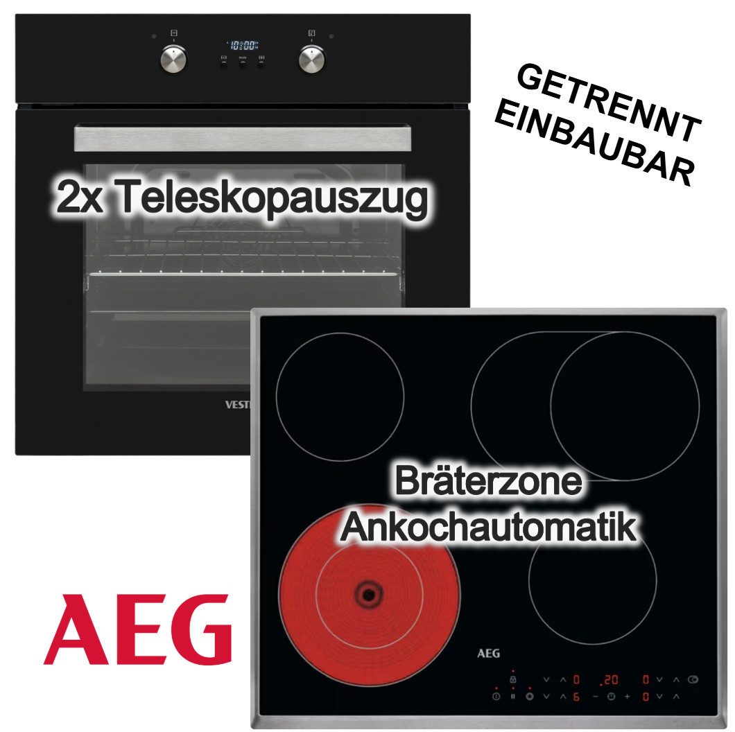 VESTEL Backofen-Set Umluft Hot Air Shield Teleskopauszug + AEG Elektrokochfeld Bräterzone, mit 2-fach Teilauszug