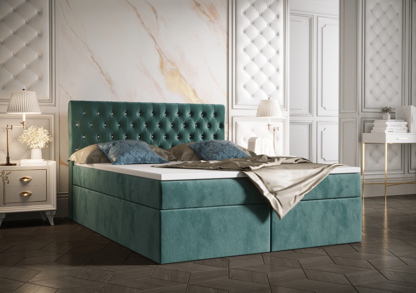 B&B Home Boxspringbett Boxbett Monet 180 cm 200 cm (H3 Multipocket-Matratze, Kopfteil, Bettkasten und Topper)