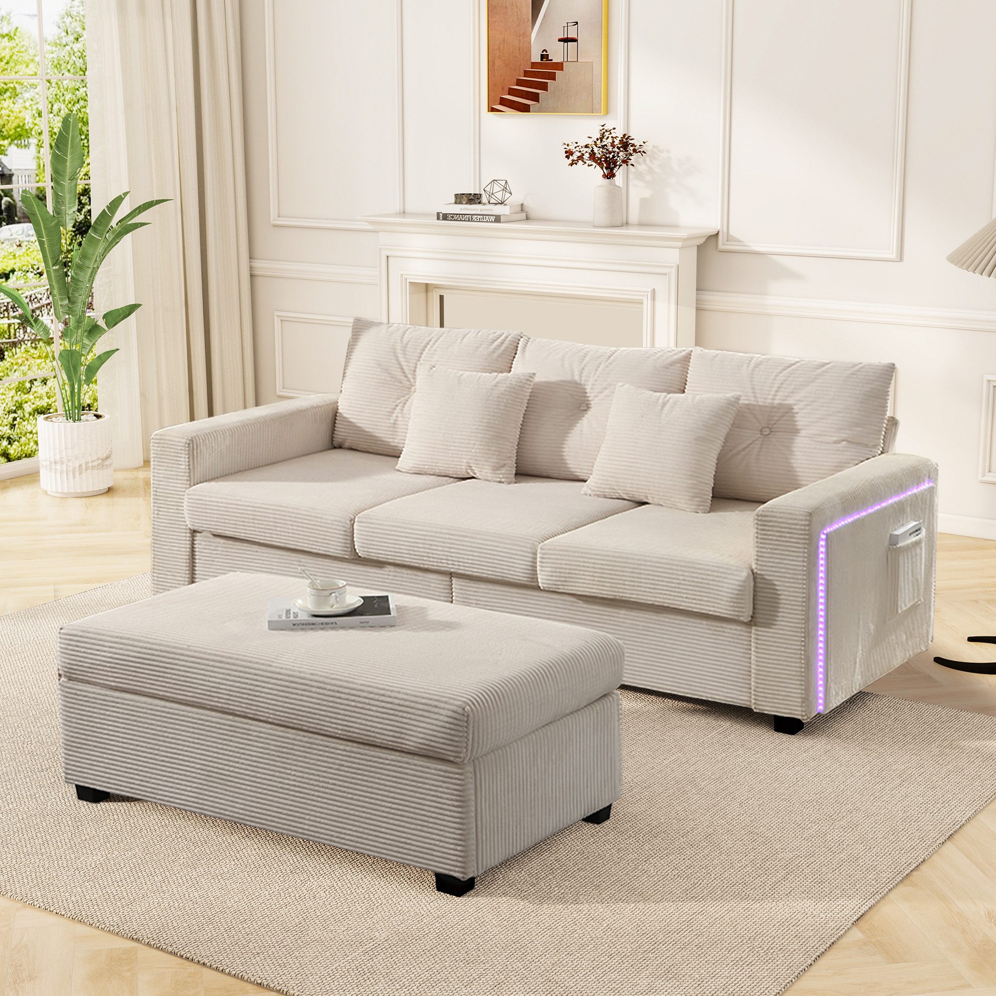 Merax 3-Sitzer L-förmiges Sofa mit LED-Beleuchtung, Wolkenweiches Sitzgefühl, Modulares Design, Cordstoff 1 Teile, 3-Sitzer Sofa mit Extra großer Ottoman, Seitentaschen & 2 Zierkissen