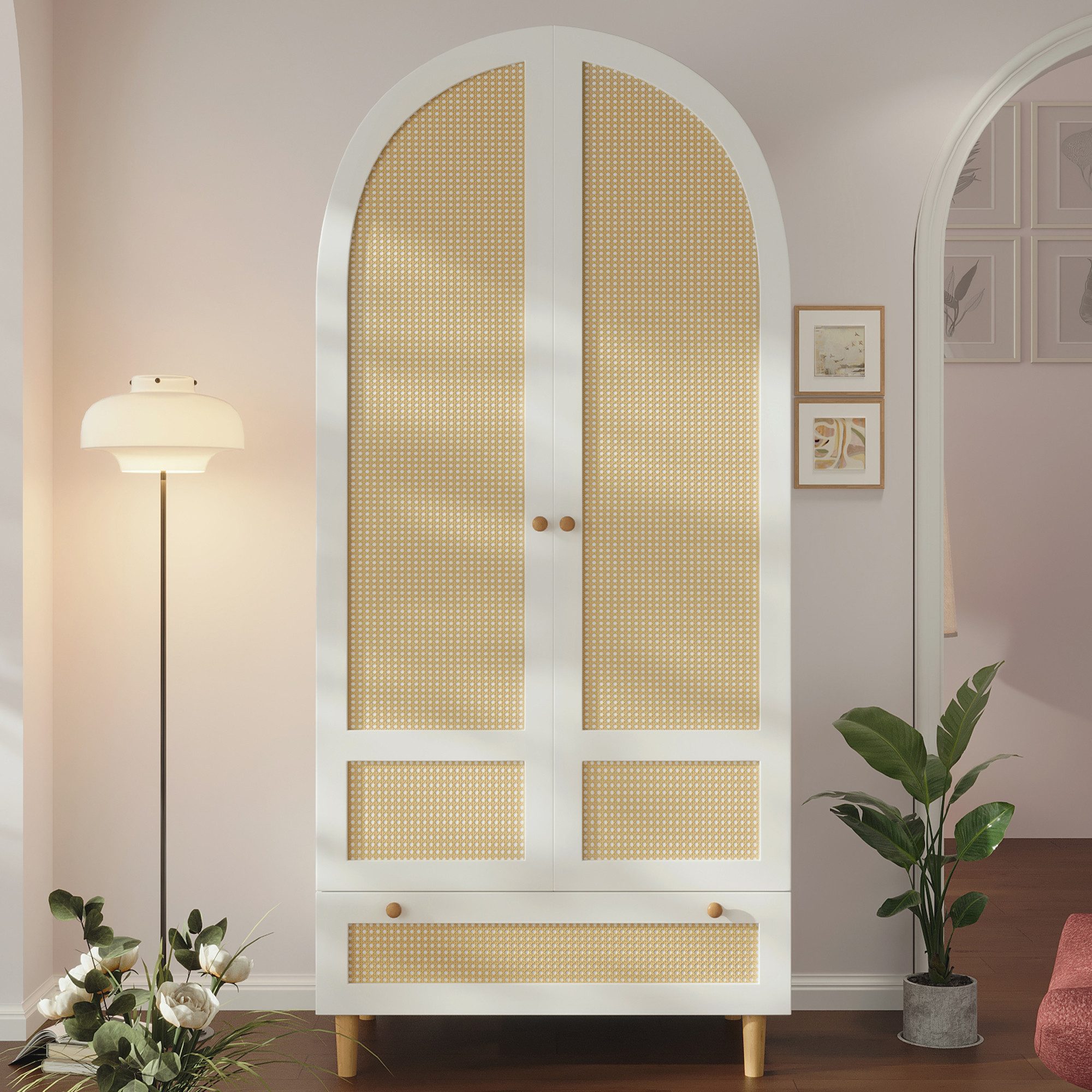 i@home Kleiderschrank Garderobenschrank Weiß Rattan-Optik (Bogen-Design Kleiderstange und Schublade, 1-St., Soft-Close und Kippsicherung) Wäscheschrank für Schlafzimmer & Flur 80x50x180 cm