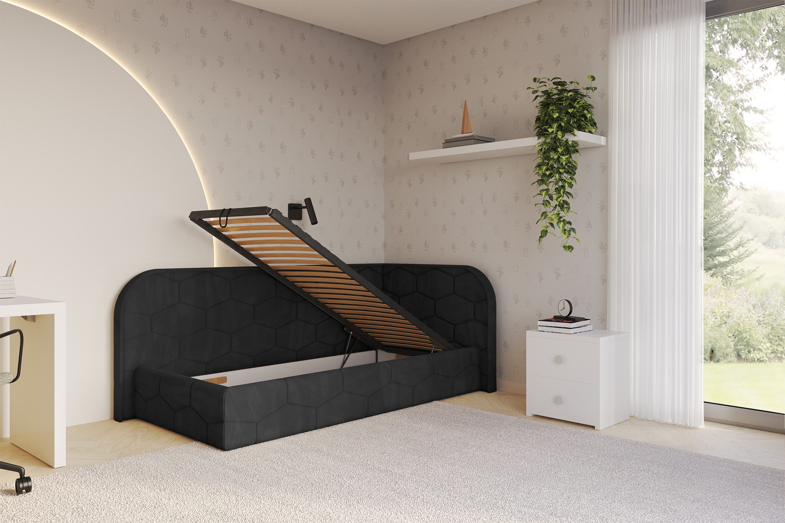 ALTDECOR Jugendbett JAXY (Jugendbett mit Bettkasten und Lattenrost, Polsterbett ohne Matratze), Einzelbett mit Stauraum, Bett mit Kopfteil