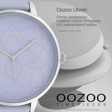 OOZOO Quarzuhr Oozoo Damen Armbanduhr hellblau, (Analoguhr), Damenuhr rund, extra groß (ca. 48mm) Lederarmband, Fashion-Style