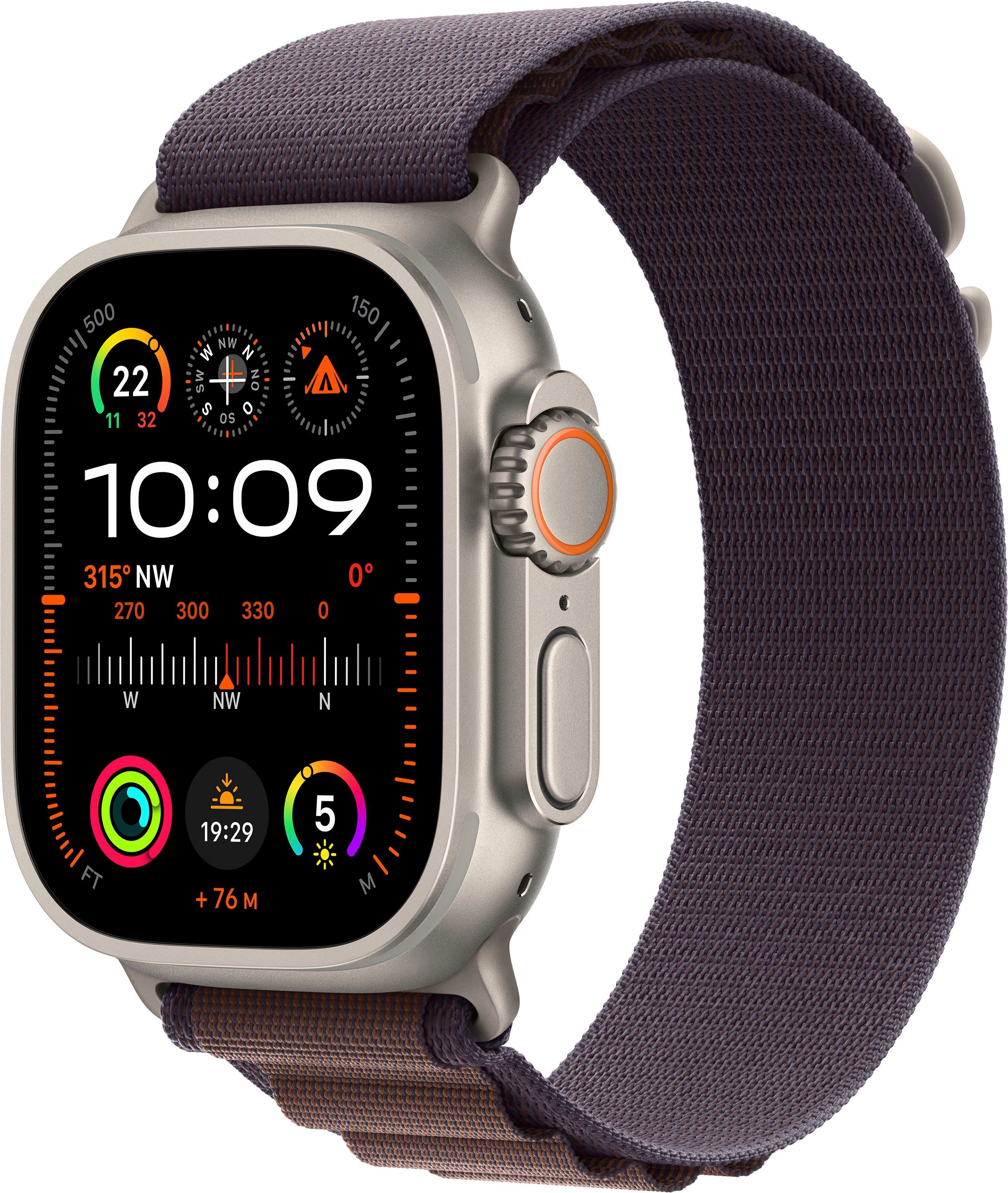 Apple Watch Ultra 2 GPS 49 mm + Cellular Titanium Medium Smartwatch (4,9 cm/1,92 Zoll, Watch OS 10), Alpine Loop indigo | Titanium/Indigo Alpine