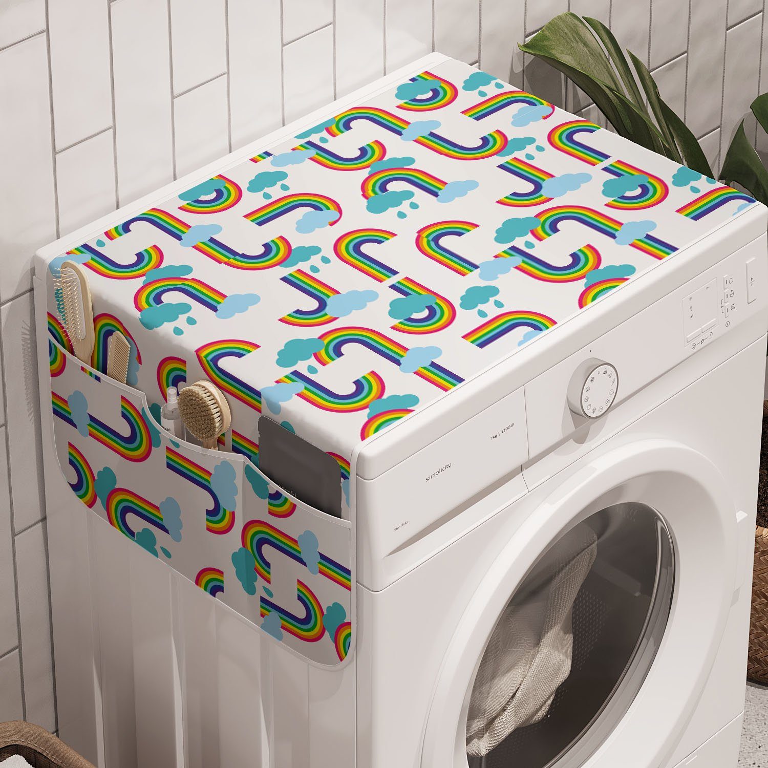 Abakuhaus Badorganizer Anti-Rutsch-Stoffabdeckung für Waschmaschine und Trockner, Karikatur Regenbogen und Wolken Muster