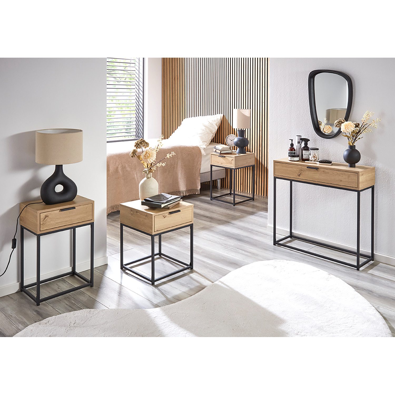 HAKU Konsolentisch Konsole - eiche-schwarz - Metall, Spanplatte - H. 60cm - Ablagetisch (1xKonsole, Beistelltisch - Schminktisch), Wandregal - Ablage - Konsolentisch - Sideboard