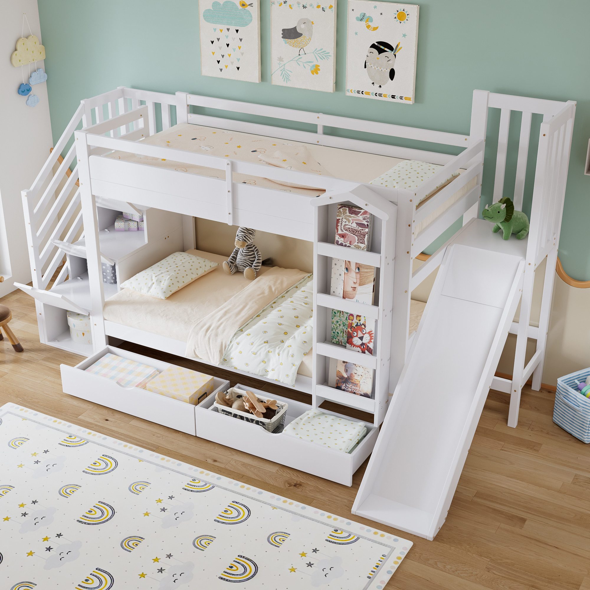 OKWISH Etagenbett Kinderbett Stauraumbett (mit Stauraumtreppe, Kinderrutsche, Bücherregal und 2 Schubladen, 90x200 cm), ohne Matratze