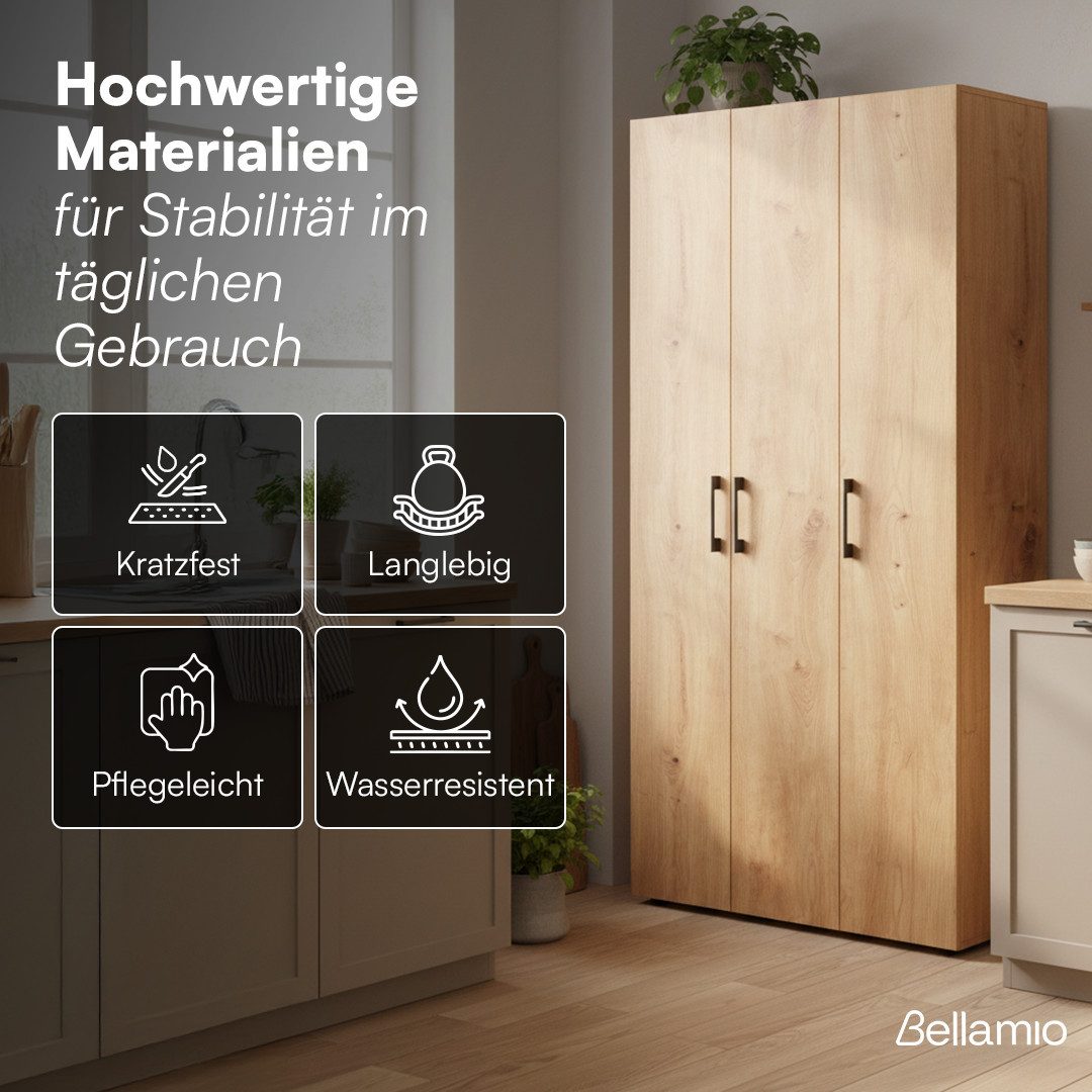 Bellamio Mehrzweckschrank Apol, Hochschrank aus Holz, Aufbewahrungsschrank (Eichenoptik) Akten- und Besenschrank mit 7 Fächern, inkl. Staubsaugerfach – Bild 5 von 5