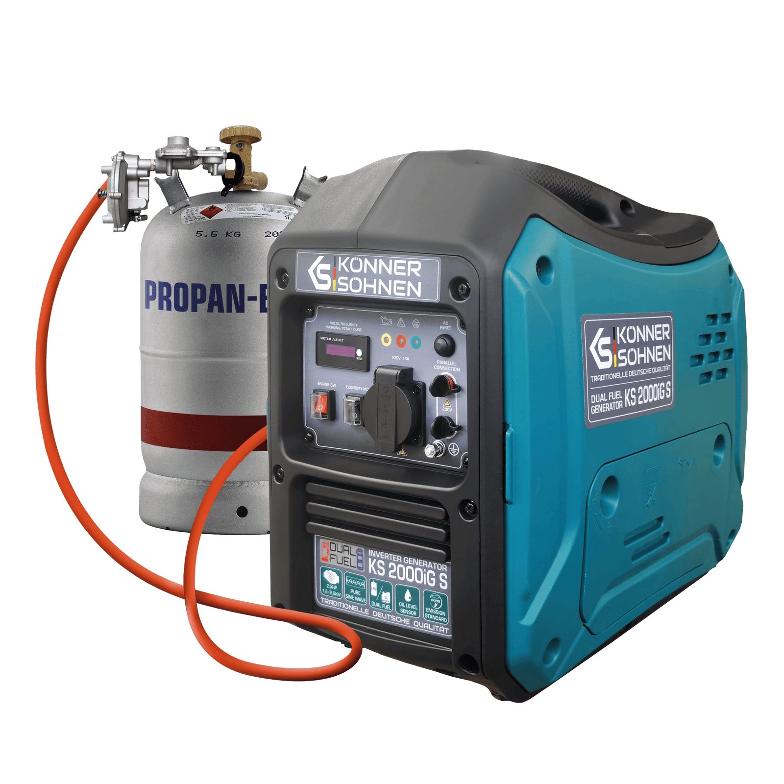 Könner & Söhnen Stromerzeuger KS 2000iG S, 2,00 in kW, (Superleiser Hybrid-Inverter (LPG/Benzin), 1-tlg., 2.0 kW, 62 dB(A), ECO-Modus für 50% Kraftstoffersparnis), Reine Sinuswelle, 19 kg, Parallelschaltung, EURO V