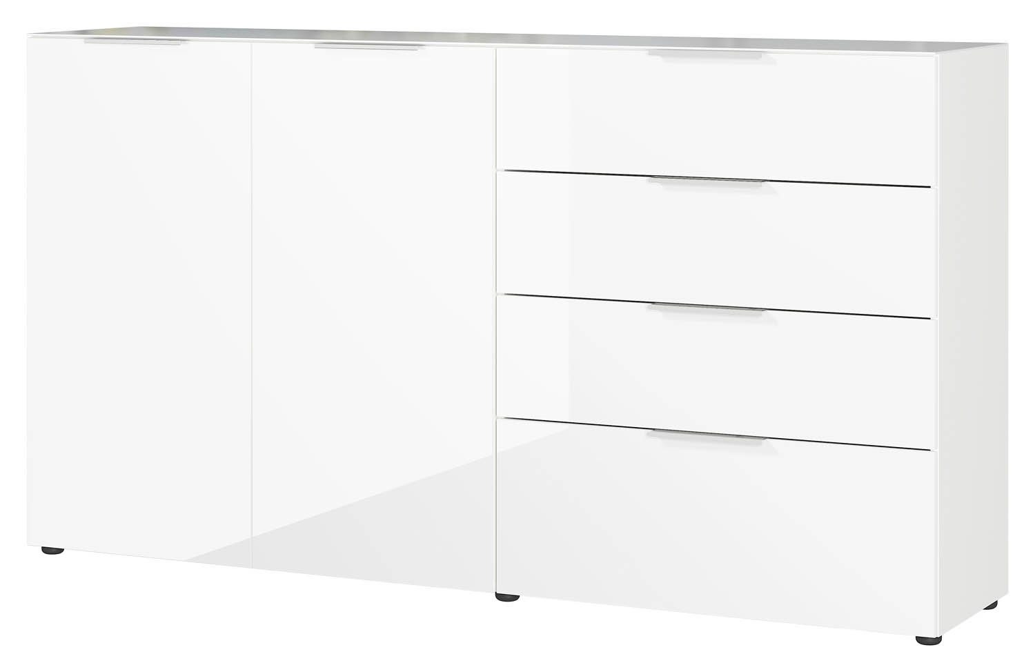 Sideboard OAKLAND, Weiß, 2 Türen, 4 Schubladen, Glasfronten