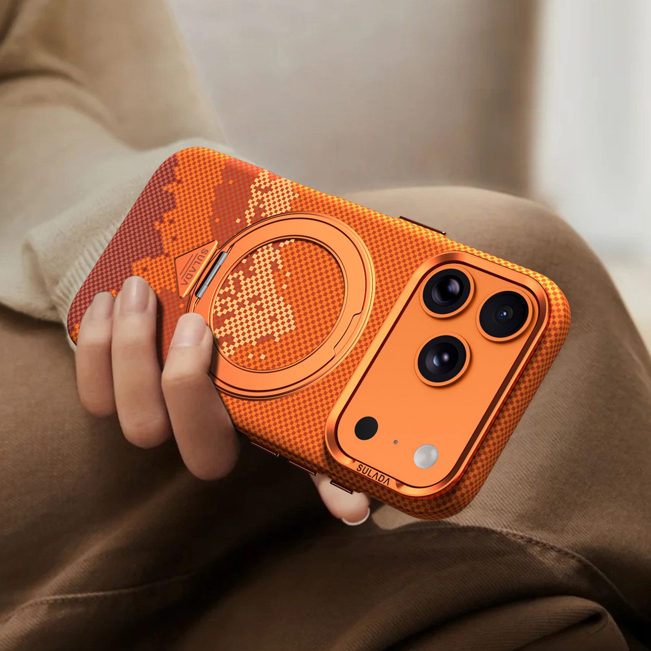 Wigento Handyhülle MagSafe Drehkippständer Muster für Apple iPhone 17 Pro Orange 6,27 Zoll, Magnetisch, Durchsichtig, Stoßfest
