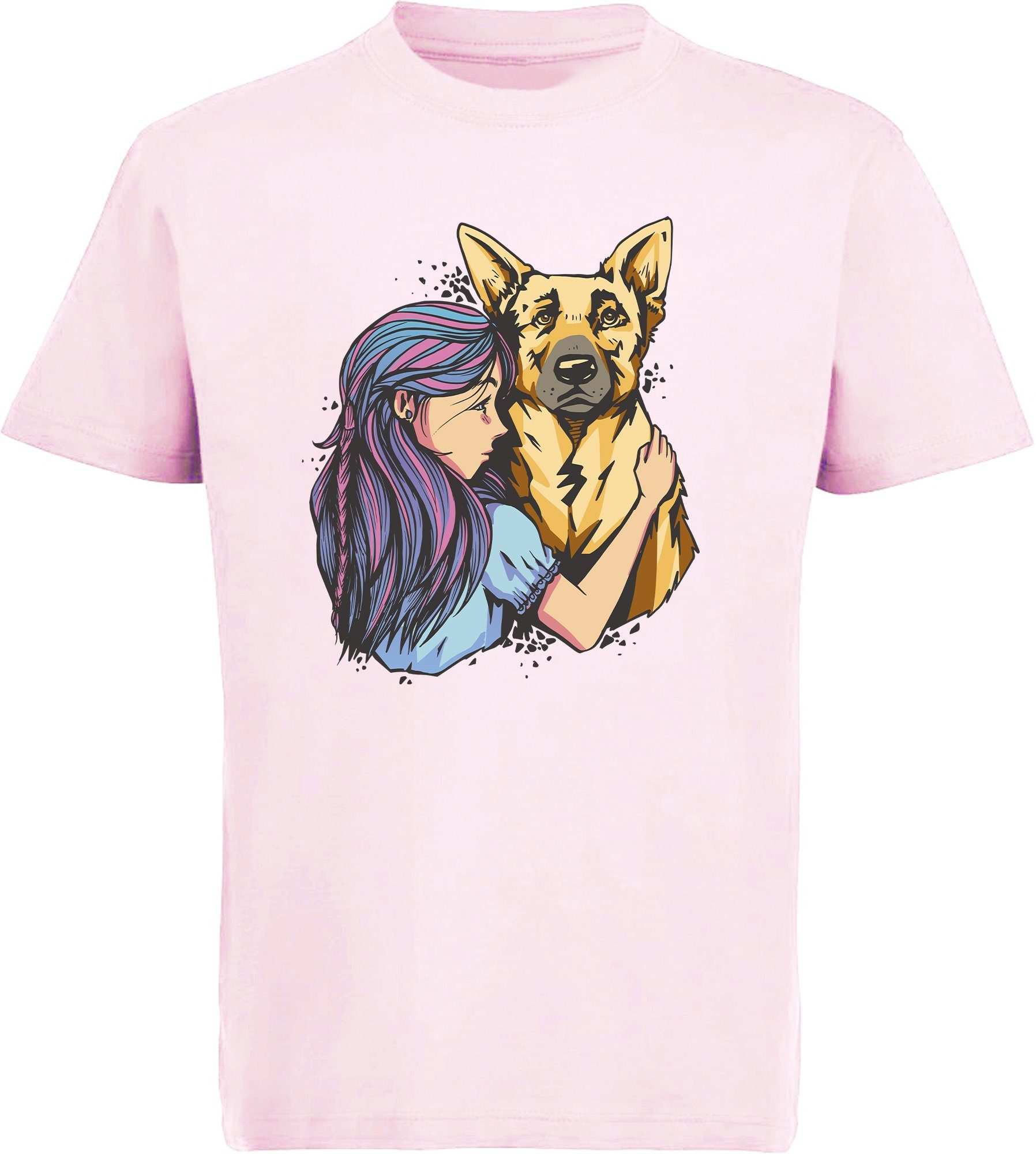 MyDesign24 T-Shirt Kinder Hunde Print Shirt bedruckt - Schäferhund mit Mädchen Baumwollshirt mit Aufdruck, i258 rosa | T-Shirts