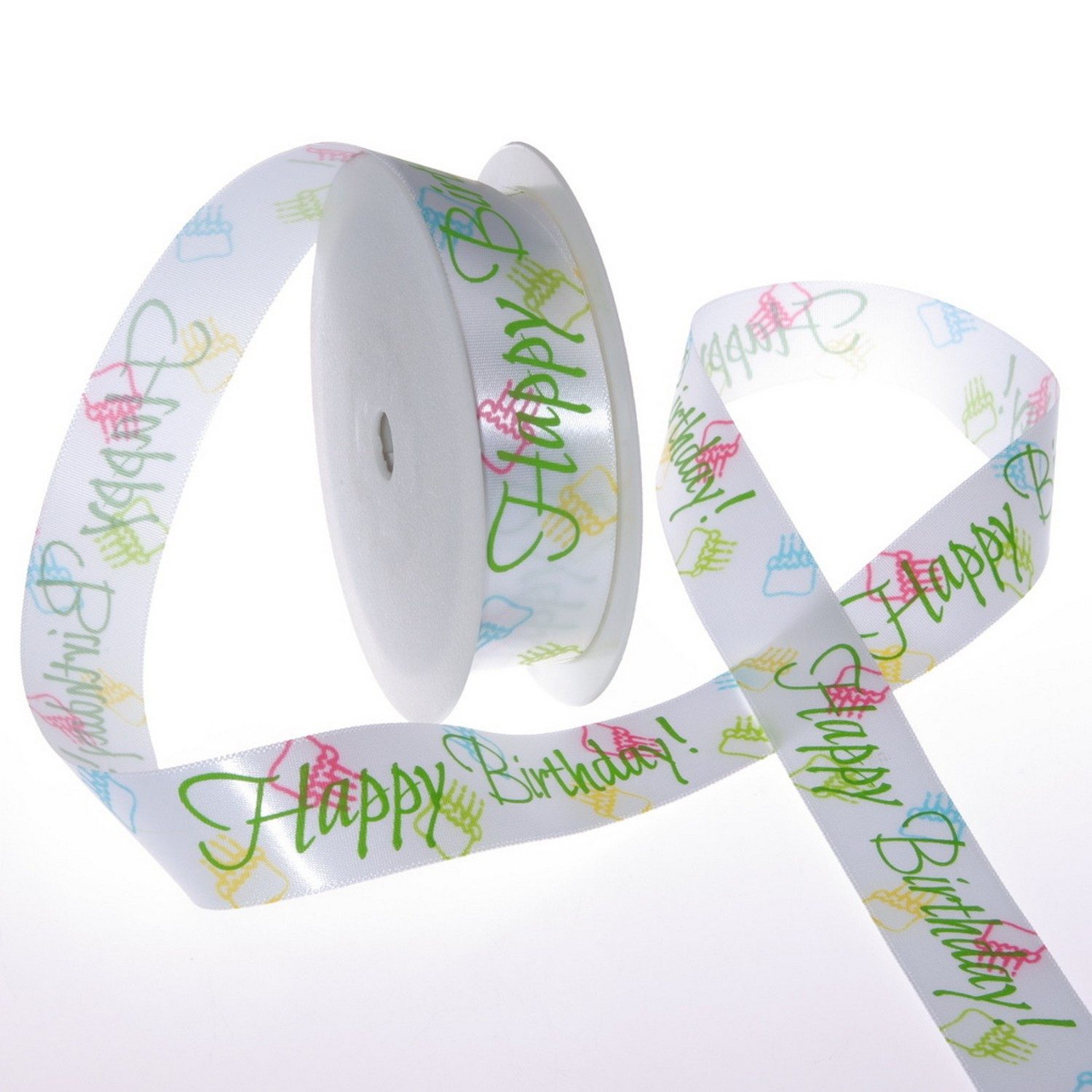 Deko AS Dekoobjekt Dekoband "Happy Birthday" - 25 mm - 20 m - col. 02 weiß-grün-pink - 5