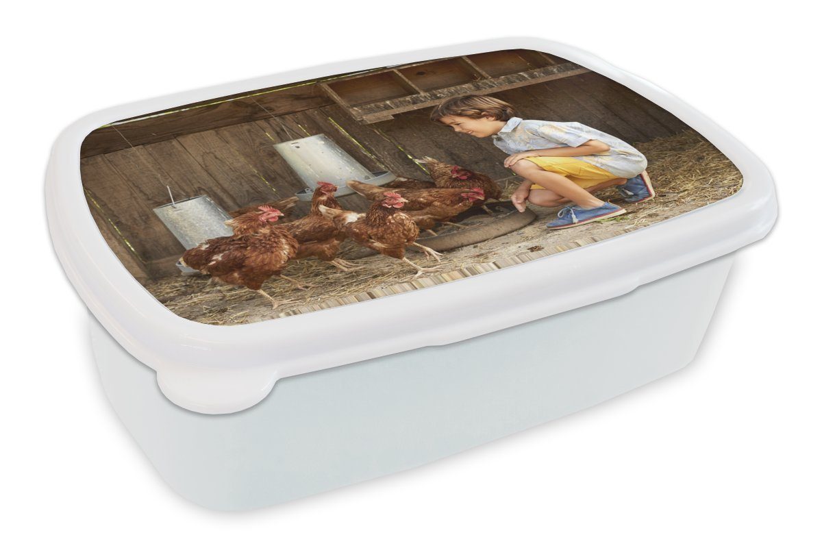 MuchoWow Lunchbox Junge - Hühner - Hühnerstall, Kunststoff, (2-tlg), Brotbox für Kinder und Erwachsene, Brotdose, für Jungs und Mädchen weiß