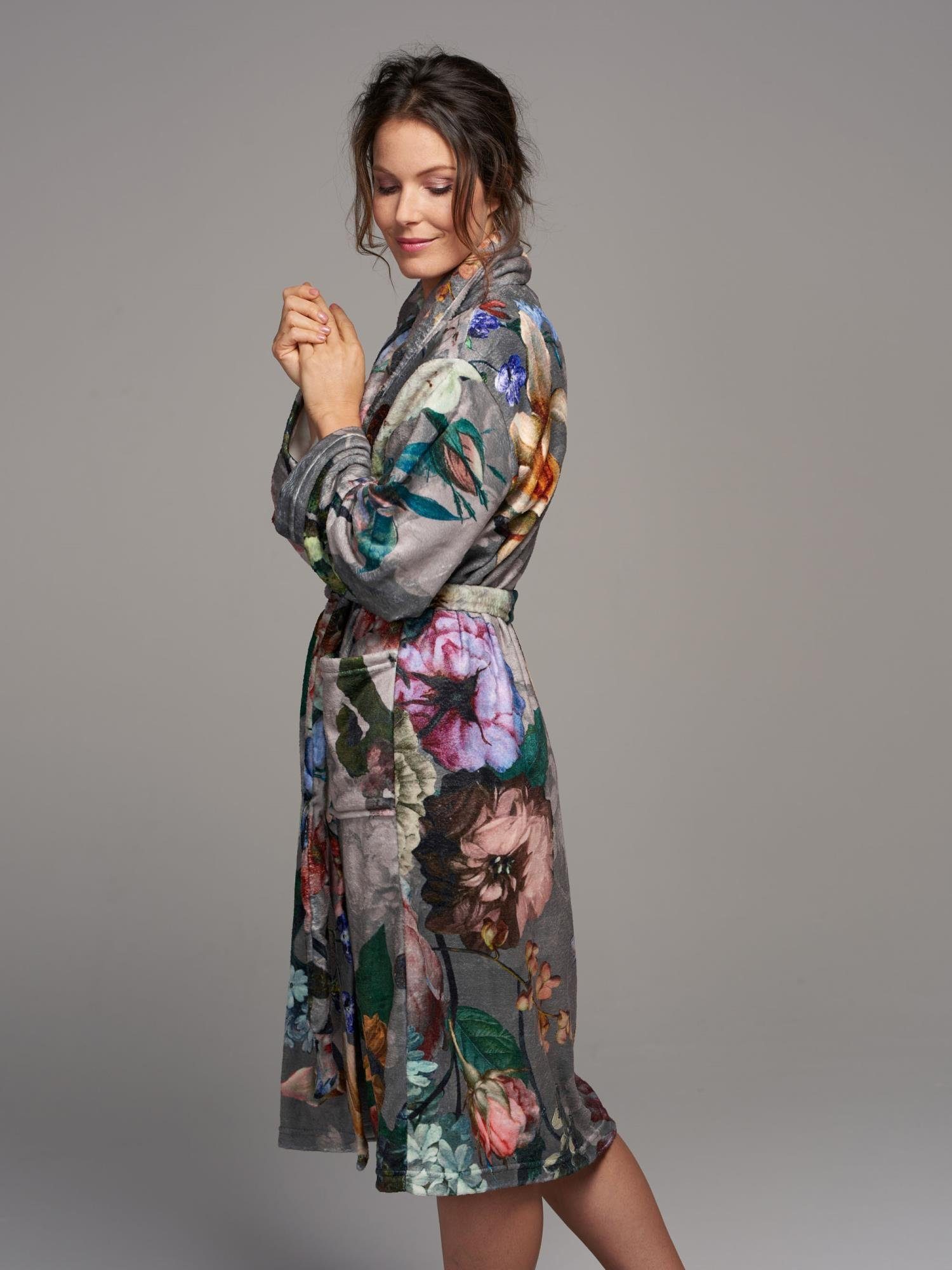 Essenza Damenbademantel Fleur, Kurzform, Polyester, Schalkragen, Gürtel, mit Blumenprint