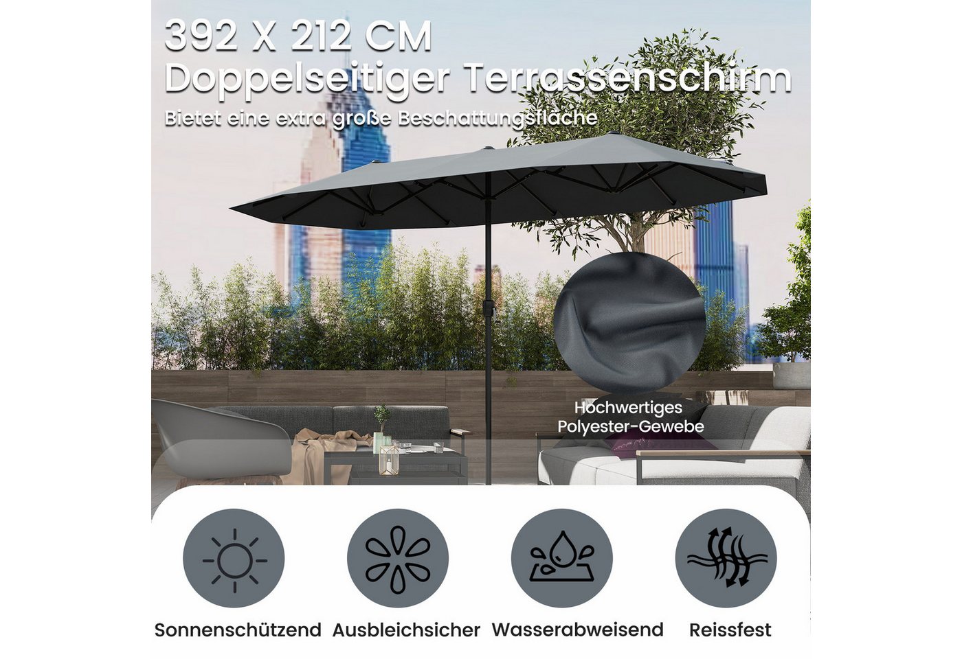 Thumbnail - COSTWAY Sonnenschirm, LxB: 380x200 cm, doppelseitig, mit Kurbelgriff