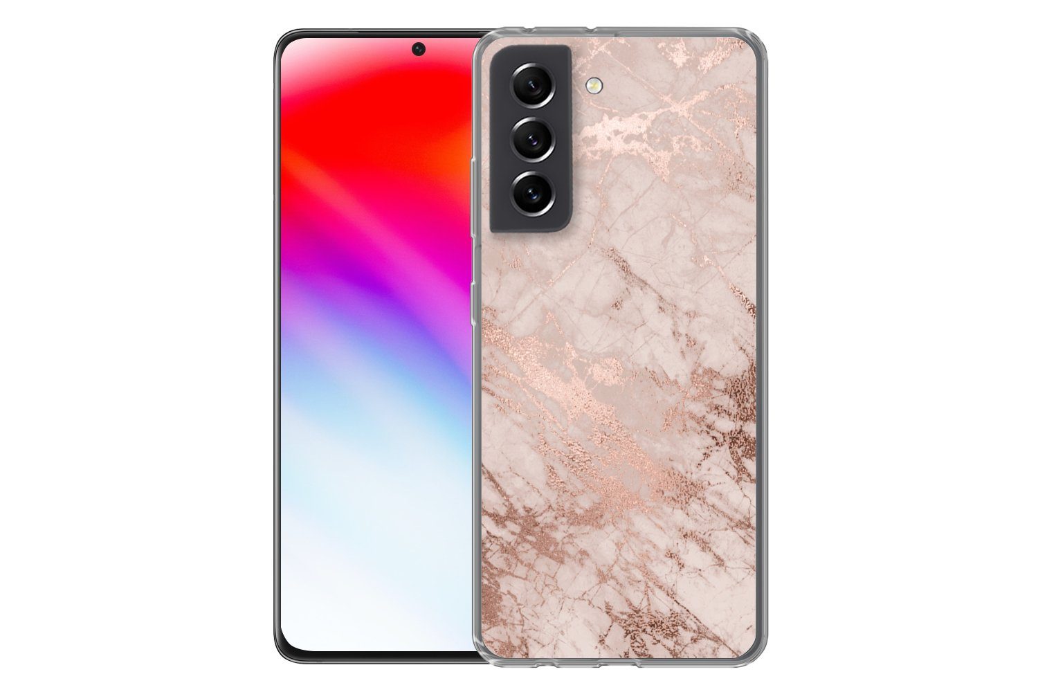 MuchoWow Handyhülle für Samsung Galaxy S21 FE Marmor - Rosa - Luxus - Marmoroptik - Glitze, Phone Case, Silikon, Schutzhülle Dünn