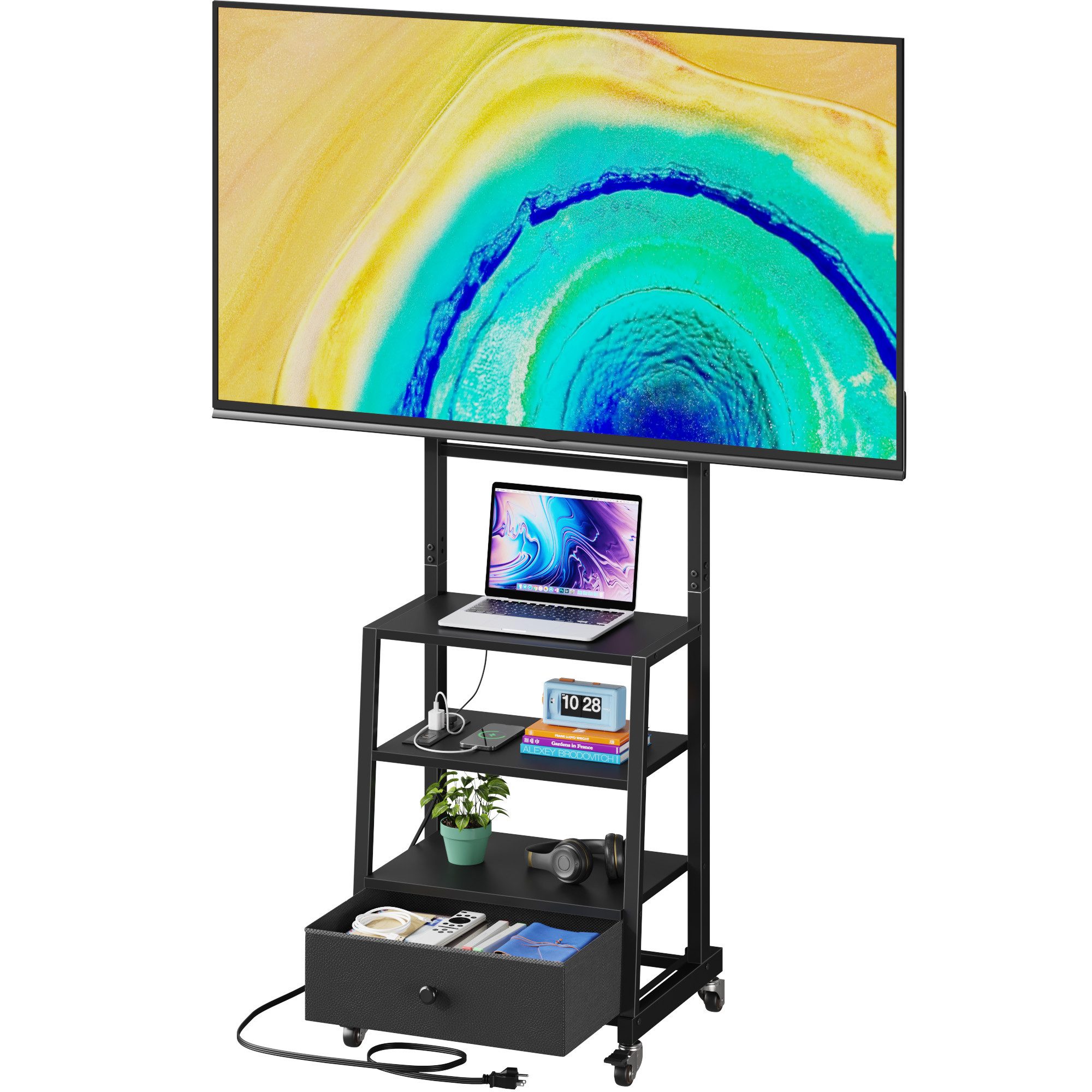 OYRREU TV-Ständer auf Rollen, höhenverstellbar, mit Halterung, Steckdose, Stoffschublade, (bis 75 Zoll, TV-Wagen mit Ablage, Monitorständer 1-St., für Fernseher, Laptop, Meetingraum Ausstattung, Touchscreen Halterung, mit Stauraum, Mittelregal & Sicherheitsrollen, VESA kompatibel)