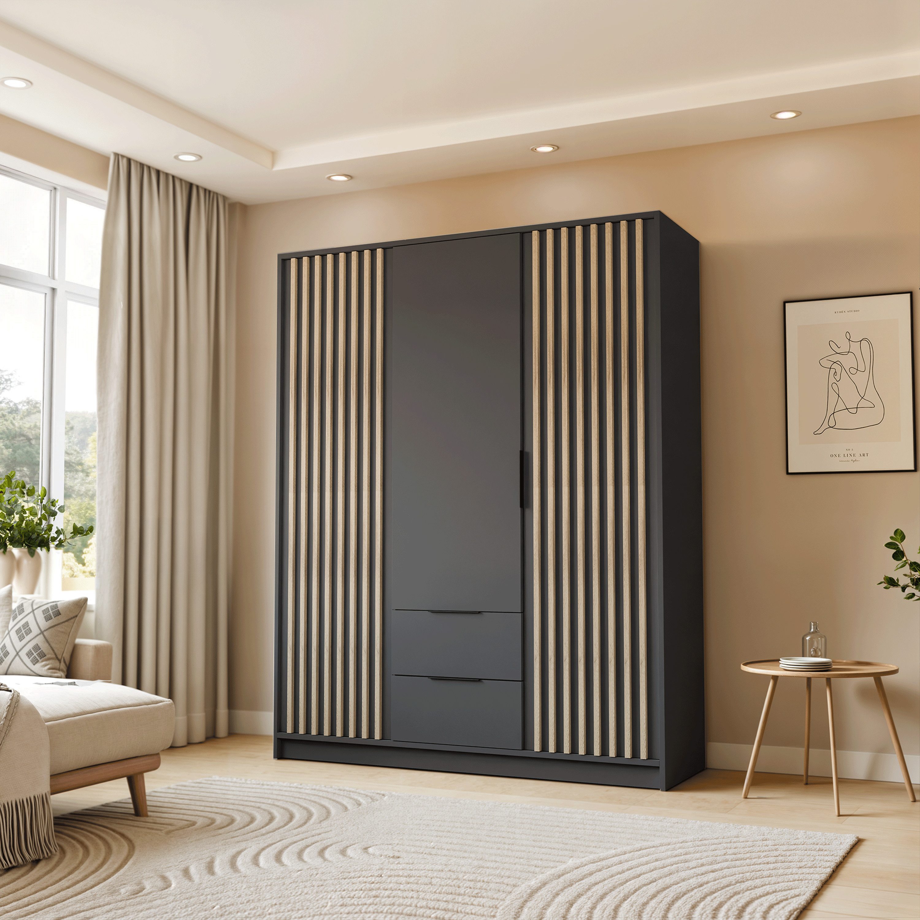 Lookway Kleiderschrank NELA 3D 155 cm Drehtürenschrank mit Lamellen Breite: 155 cm