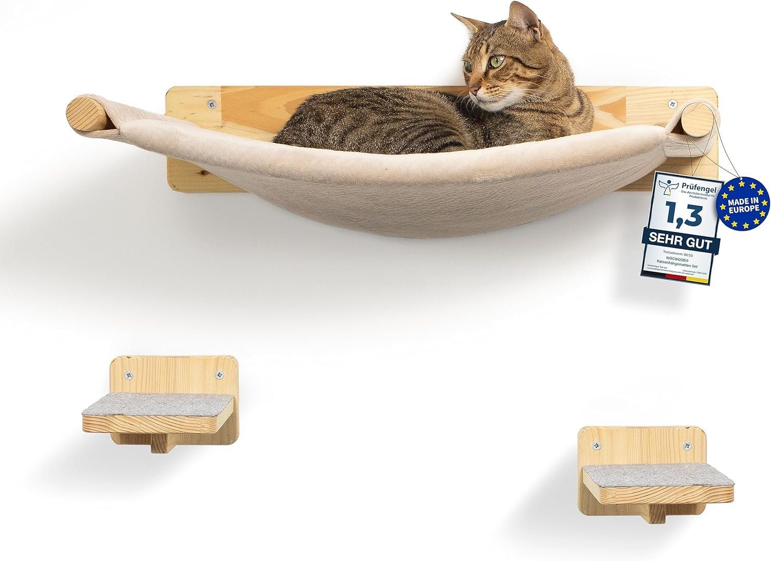 WOOWOOD Katzen-Hängematte Kletterwand Katzen mit 2 Stufen; Kletterwand für Katzen mit Wandliege, Sanfter Stoff, massives Holz; Wandmontiert; Platzsparend; Bezug waschbar;