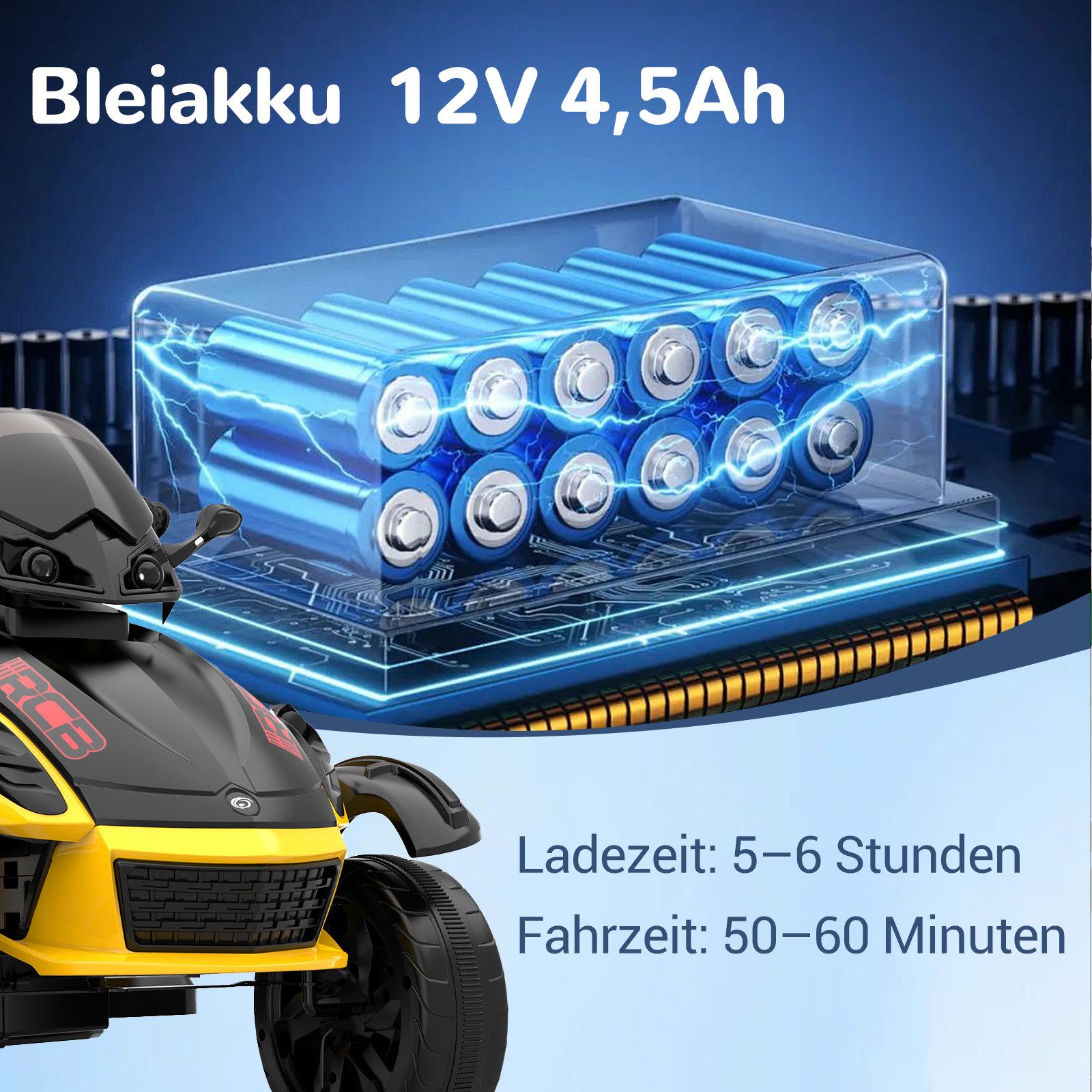 RCB Elektro-Kindermotorrad RM2, 7-Zoll Elektrisches Dreirad für Kinder,4 km/h,3–8 Jahre,Bluetooth, Belastbarkeit 30 kg, mit Front- und Rücklicht, bunte LED an Schutzblechen