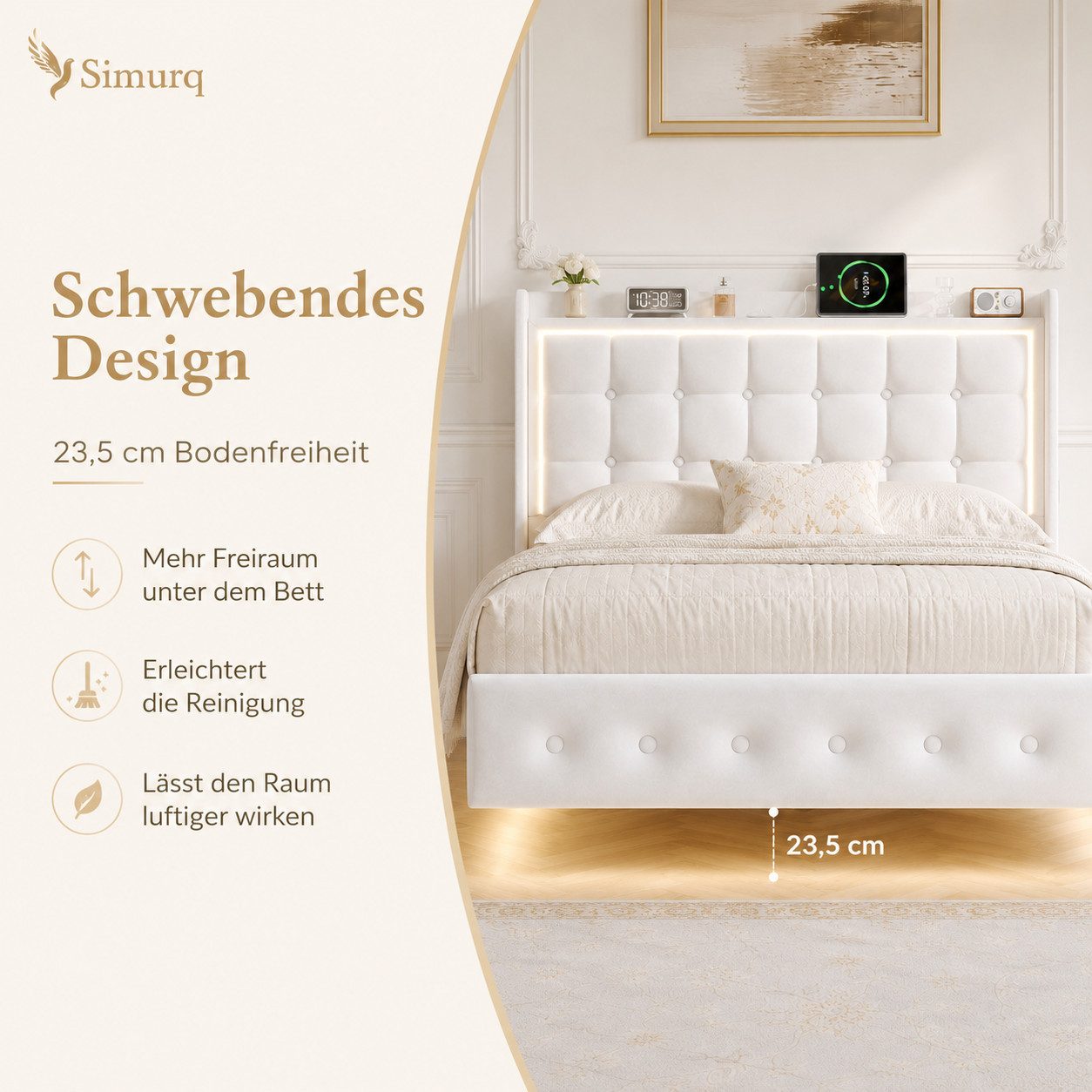 Simurq Polsterbett 140x200 mit Bettkasten LED USB Stauraum Kopfteil (Bettgestell mit Lattenrost, Bettgestell mit Lattenrost, ohne Matratze, 2 Pakete), Schwebendes Design mit 23,5 cm Bodenfreiheit