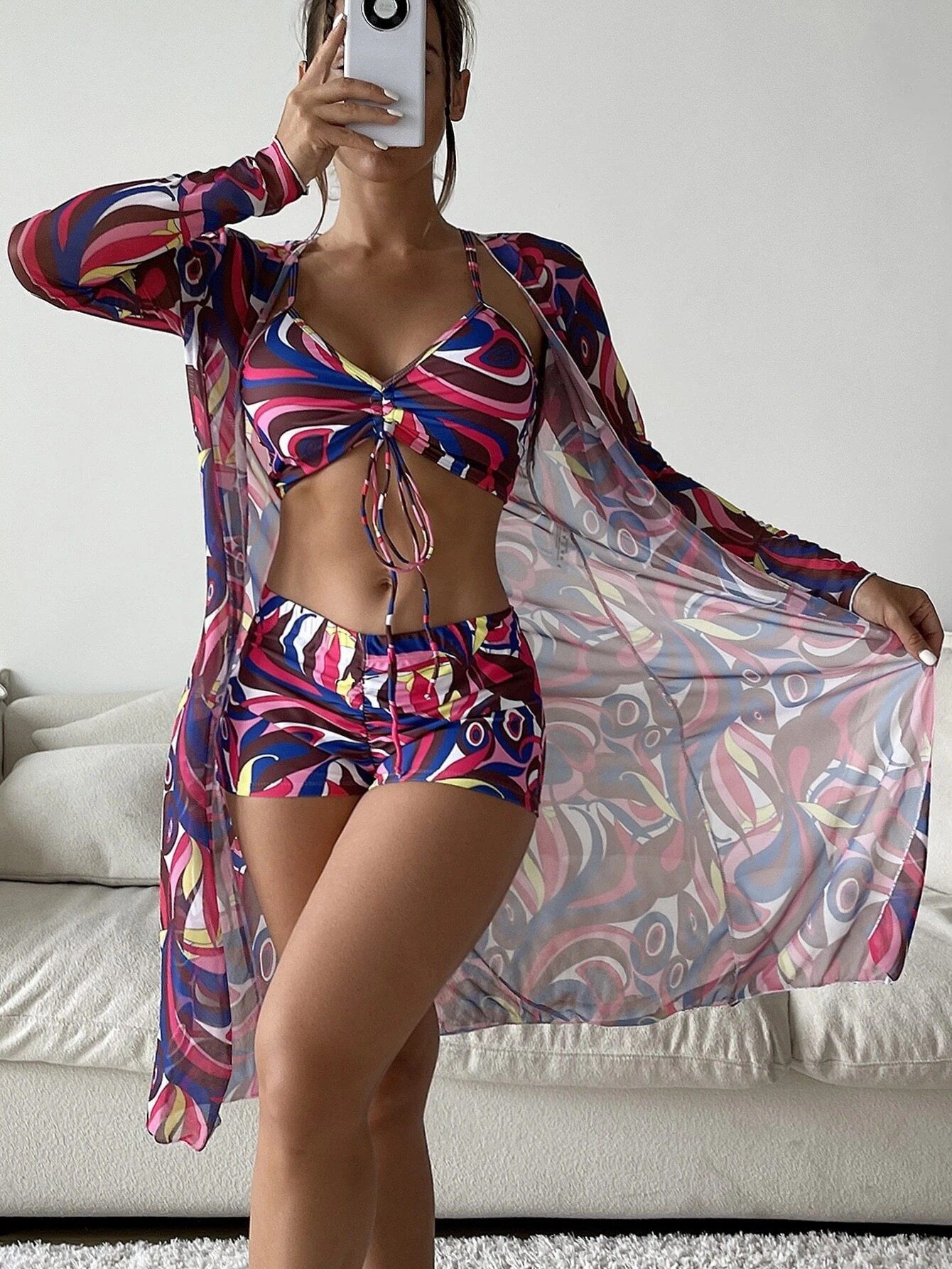 saburona Bustier-Bikini 3-teiliges bedrucktes Cover-up-Boxershorts-Set für Damen-Bikini