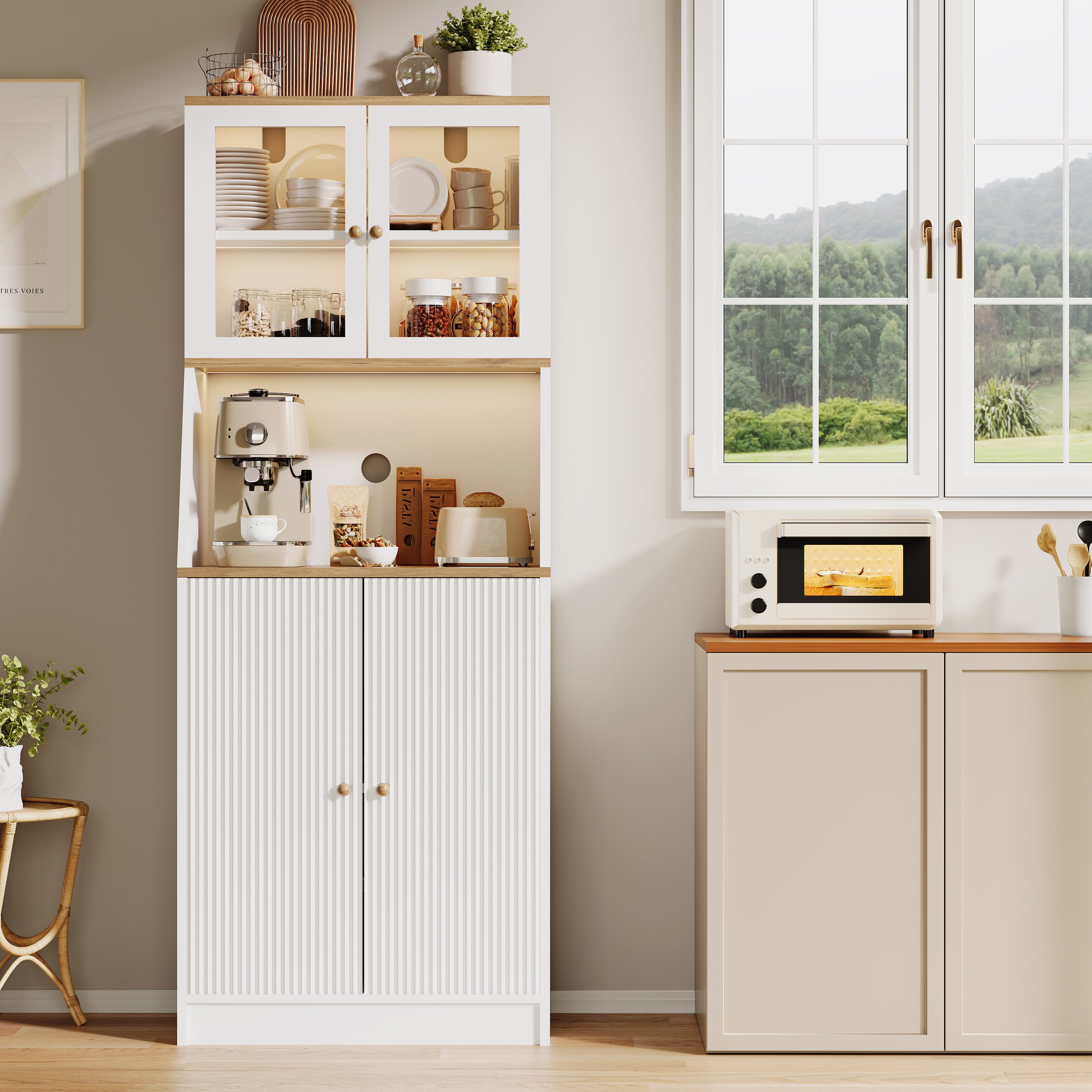 BELUPAI Küchenbuffet Hochschrank mit Glastüren and LED-Beleuchtung (Set, 1-St., Hoher Buffetschrank Weinschrank mit Verstellbaren Einlegeböden) Vorratsschrank für Küche, Wohnzimmer, Esszimmer, 180x70x40cm, Weiß