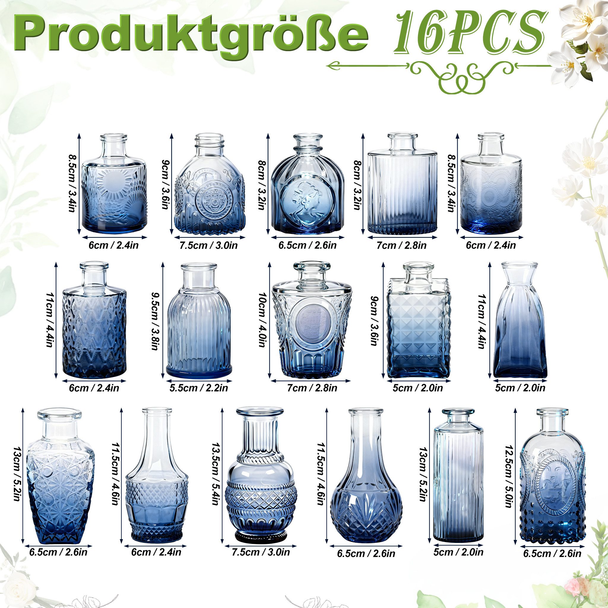 FIVMEN Dekovase Glasvasen Set Blumenvasen Vintage Glas Vasen Minivasen Knospenvasen (16 St), für Blumenarrangements, Hochzeiten, Partys und Dekorative