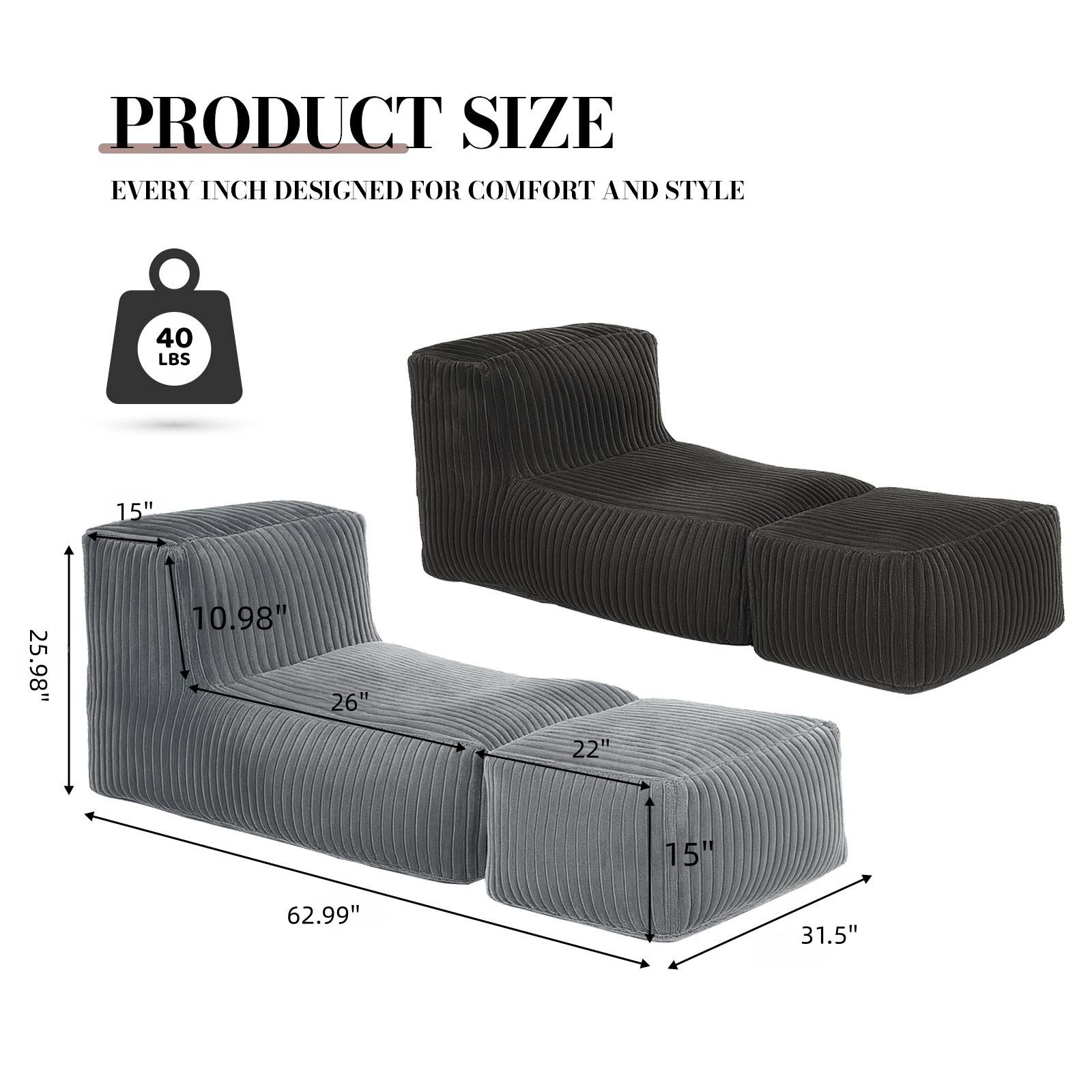STILVORA Sitzsack Modulare Bodenliege Verwandelbares Schlafsofa Cordstoff Dunkelgrau