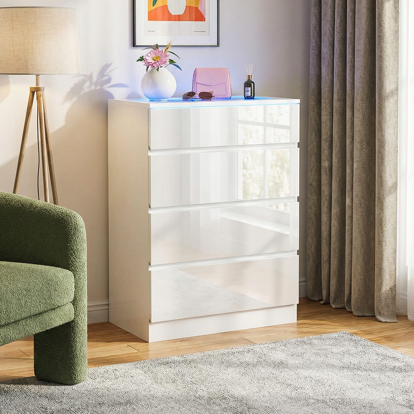 Rutaqian Kommode Schubladenkommode mit LED Beleuchtung, Weiße Kommode mit 4 Schubladen, Moderne Schlafzimmerkommode aus MDF mit Glasplatte und Stauraum