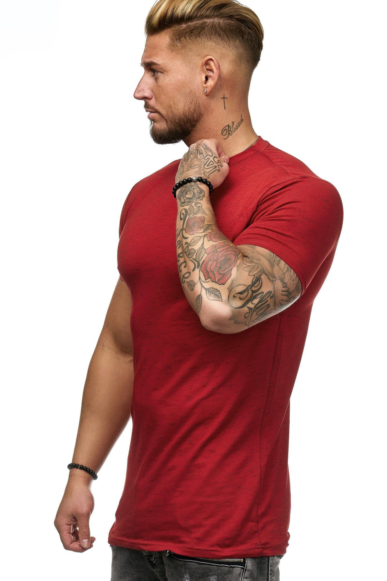 Fitness Freizeit 982C modischem Design) Casual T-Shirt Rot 1-tlg., im OneRedox Kurzarmshirt (Shirt Tee, Polo