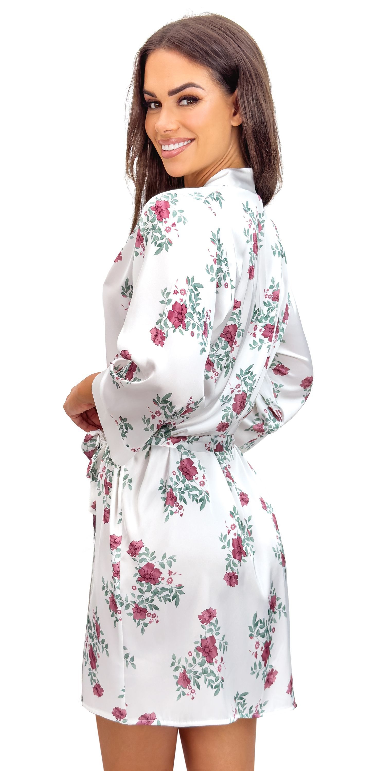 Donna Damenbademantel Julia, kurz, Polyester, Gürtel, Damen Morgenmantel Satin Bademantel Kimono 3/4 Arm Blumen ca.95cm