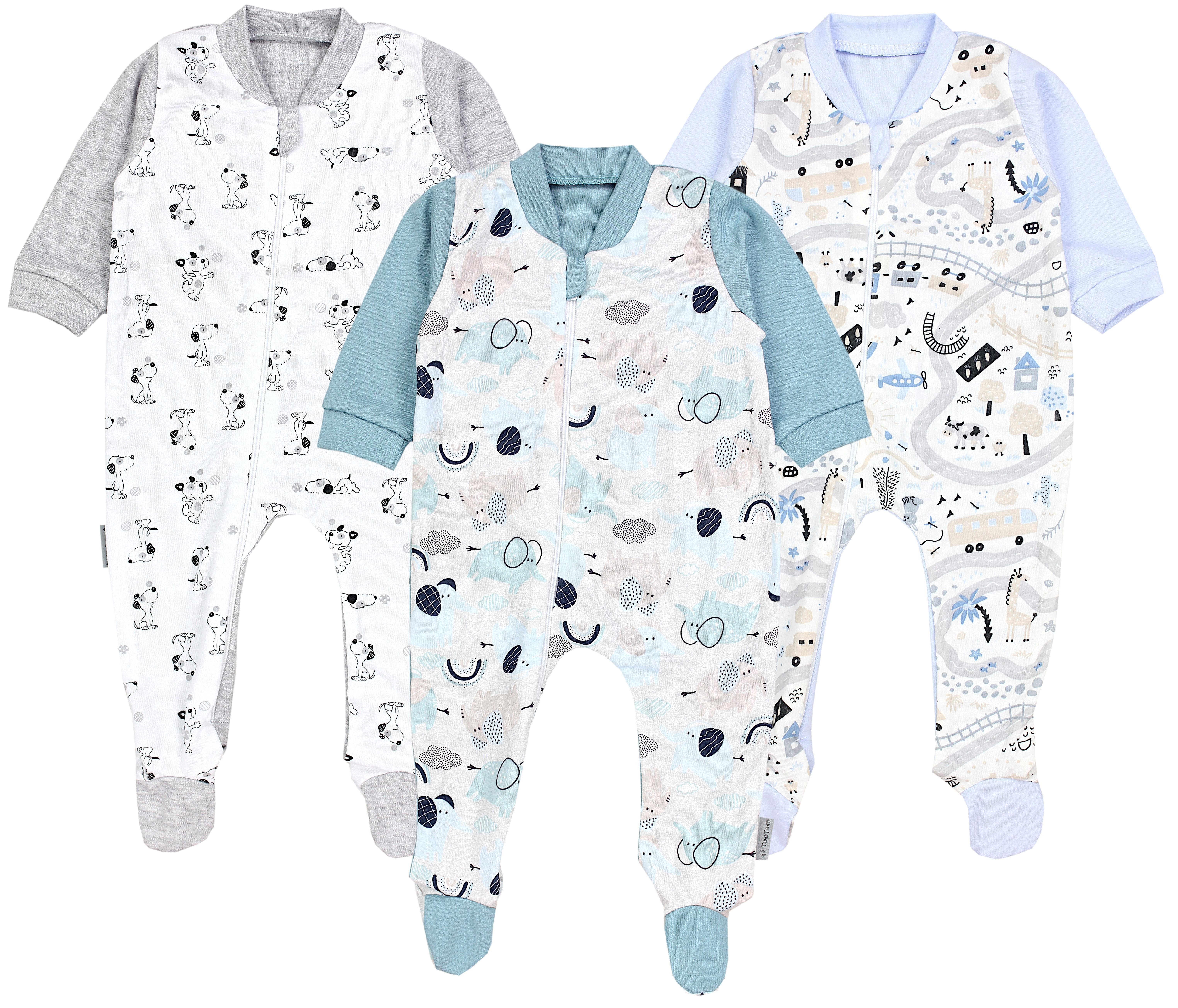TupTam Schlafoverall Unisex Schlafstrampler Schlafanzug mit Fuß 3er Pack Elefanten Mintgrün / Dorf Blau / Hunde Grau