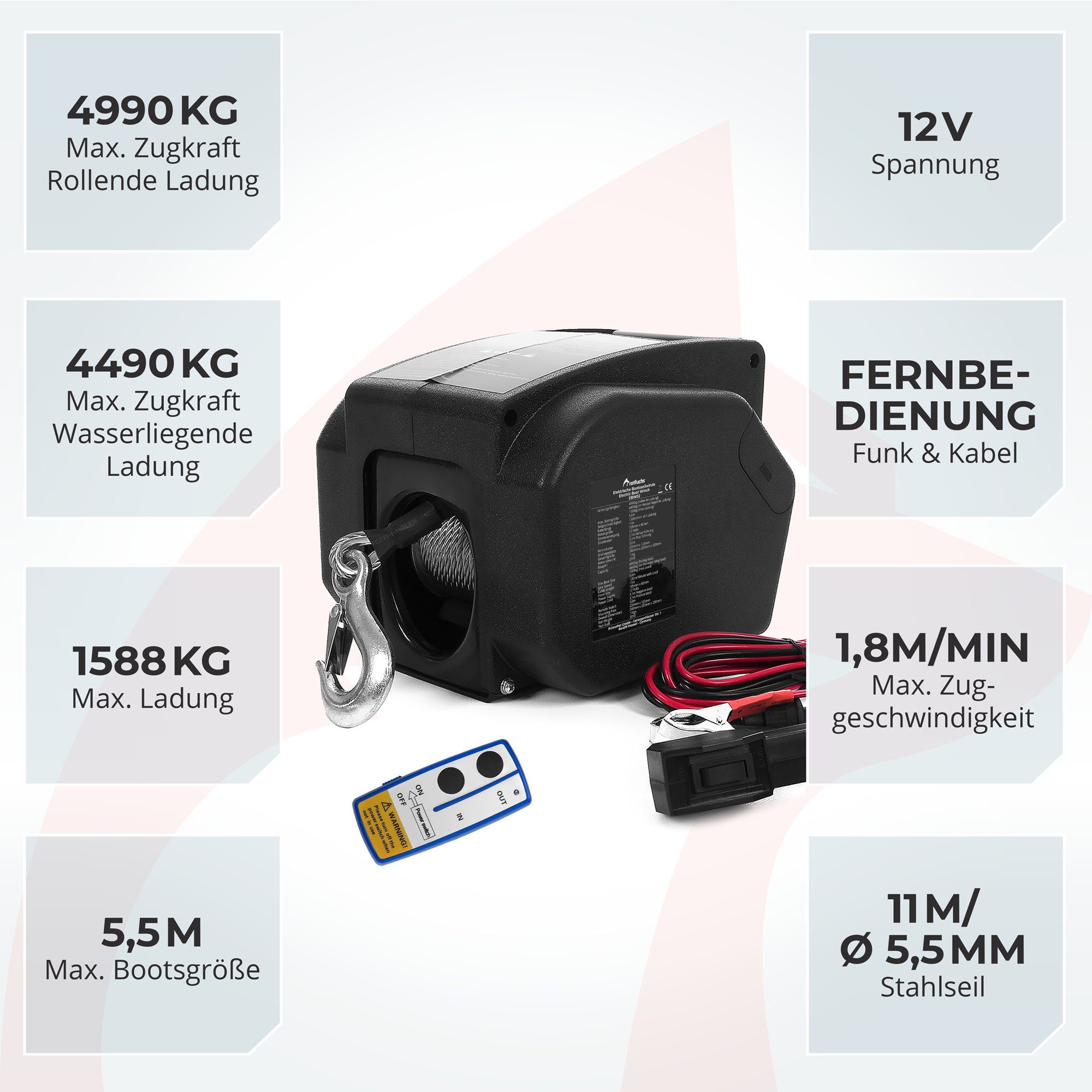 Rotfuchs Seilwinde, 4990 Kg Zugkraft, Bootswinde elektrisch, Winde Seilzug Stahlseil