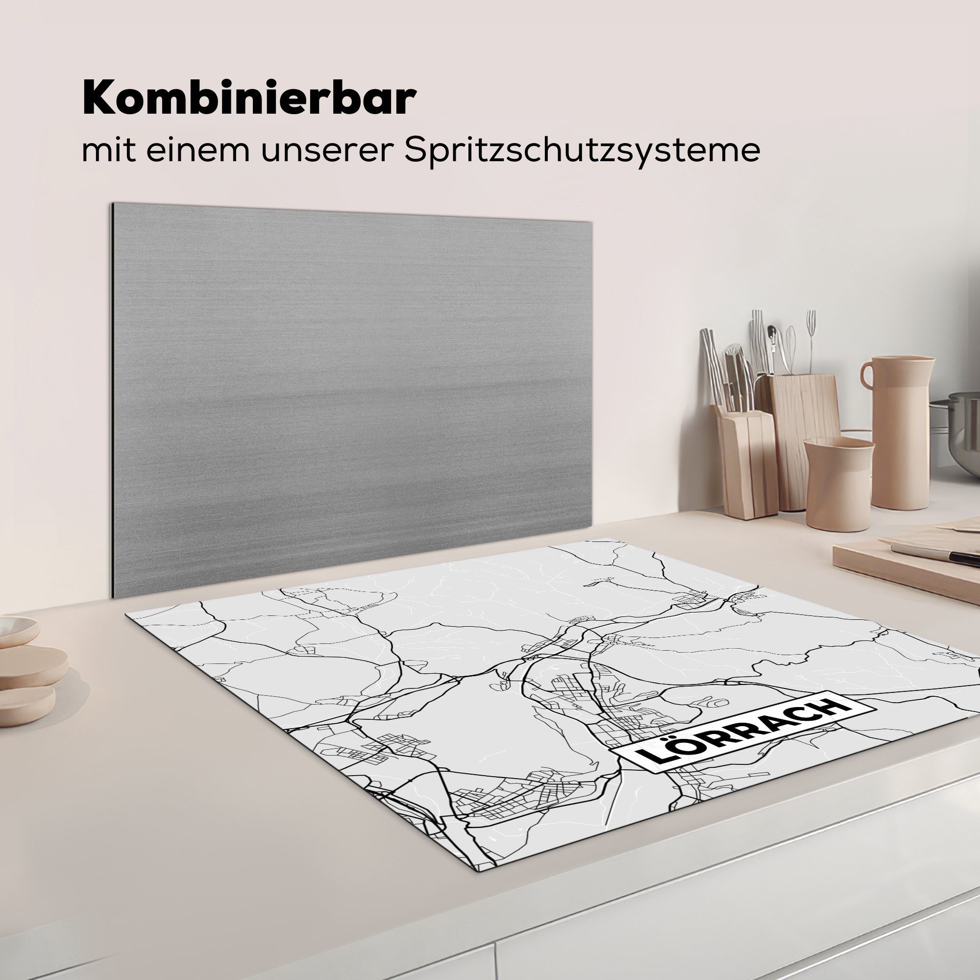 cm, Deutschland Lörrach Herdblende-/Abdeckplatte 78x78 Vinyl, - Karte - Arbeitsplatte - MuchoWow Ceranfeldabdeckung, für Stadtplan, küche (1 tlg), - Karte