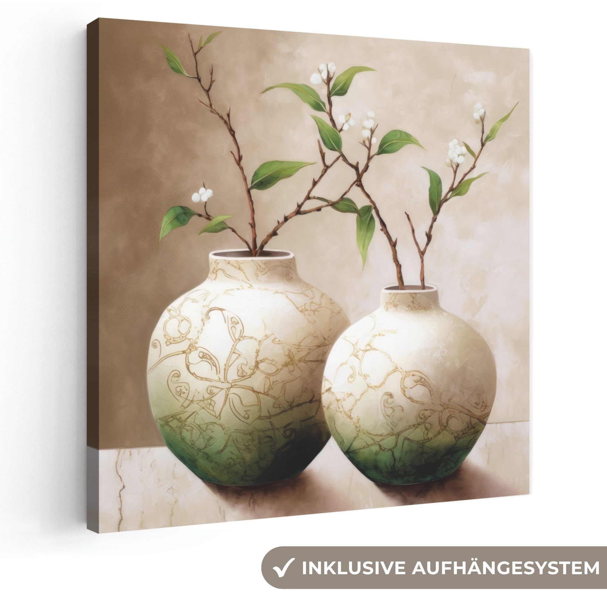 OneMillionCanvasses® Leinwandbild Blumen - Vase - Weiß - Botanisch - Beige, Fotodruck (1 St), Wandbild, Deko Schlafzimmer Wohnzimmer Flur 20x20 cm