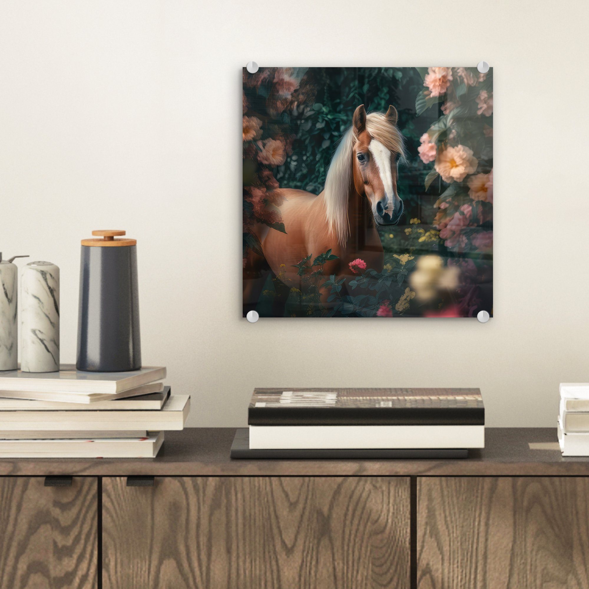 Wandbild Acrylglasbild - St), - Blumen - Pferd Foto auf (1 - Natur MuchoWow Glasbilder Wanddekoration Bilder - - Wald Glas - Glas auf Tiere,