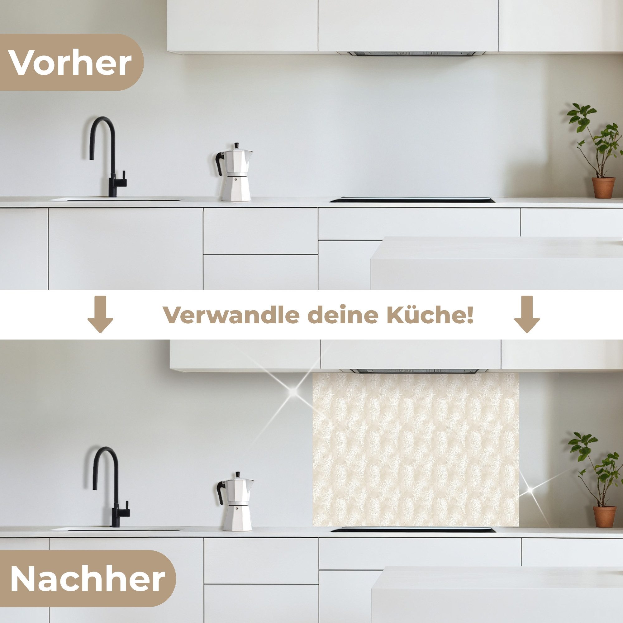 KitchenYeah Küchenrückwand selbstklebend Blätter - Beige - Weiß - Botanisch - Natur, (1-tlg), Spritzschutz, Küche, Rückwand, Küchenwand, Küchenfront, 80x60 cm