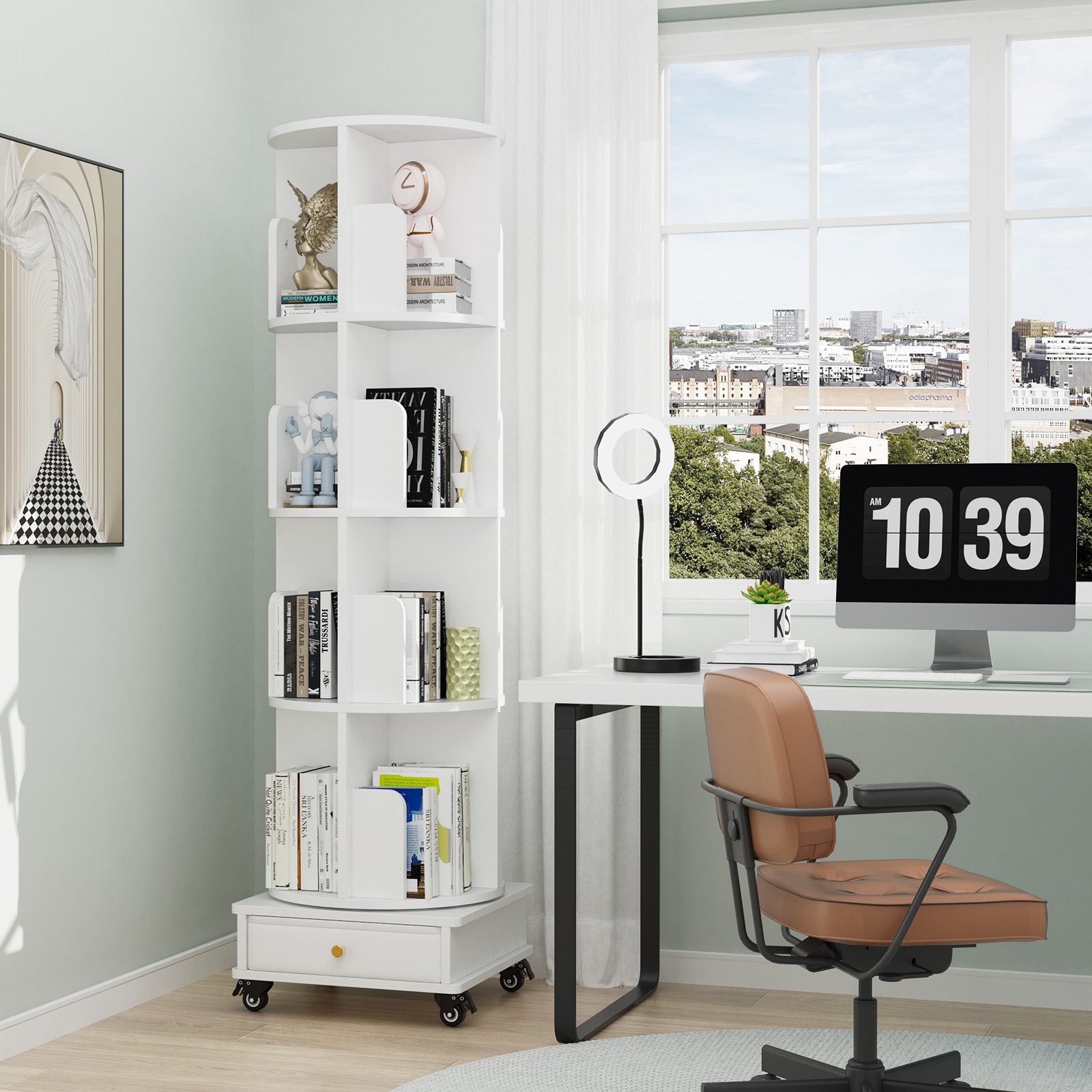 JEOBEST Bücherregal Drehbares Bücherregal, Rollende Bücherregale auf Rädern, 5-stöckiges mit Schublade, 360-Grad-Display, Multifunktionaler – Bild 5 von 5