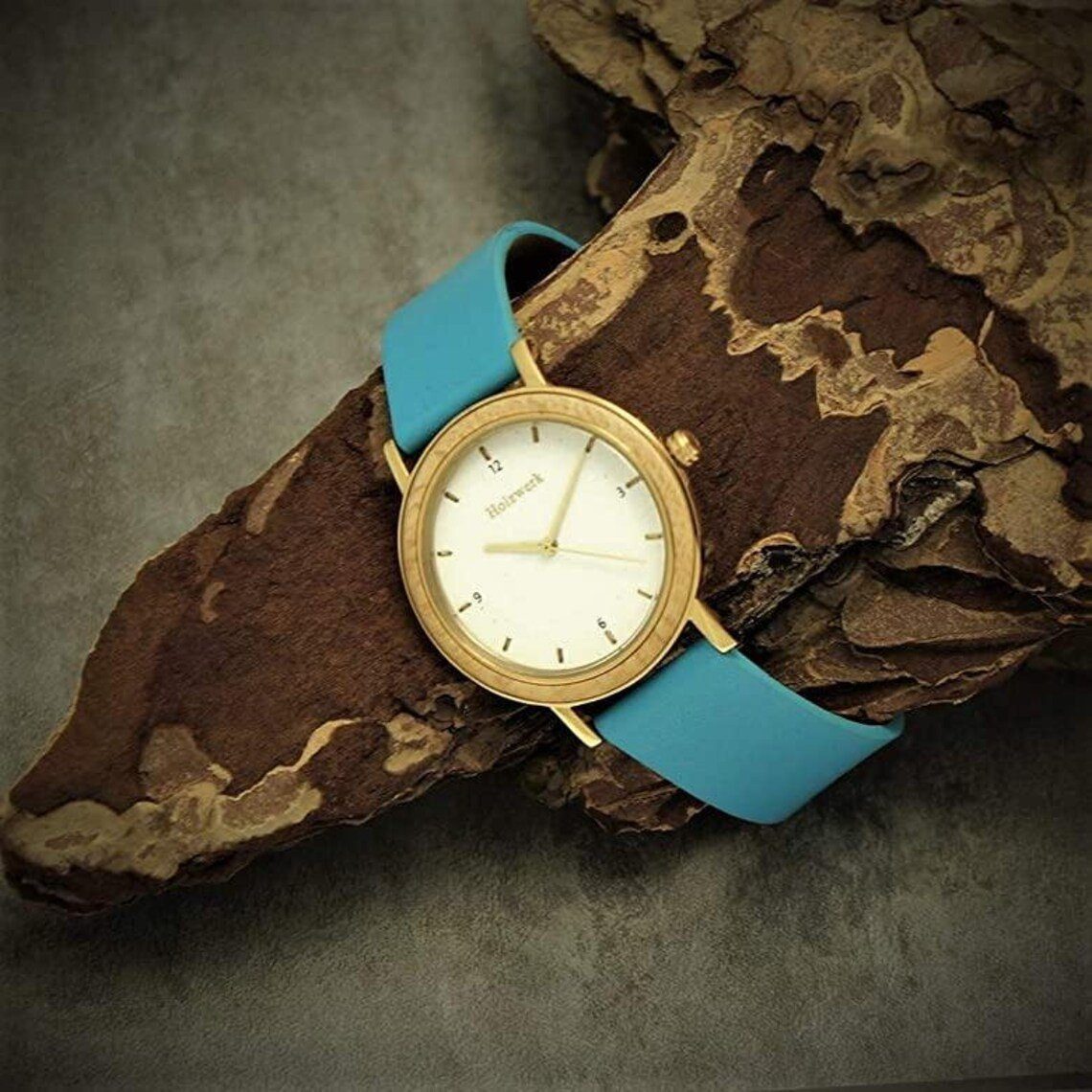 Holzwerk Quarzuhr HAINICHEN kleine Damen Edelstahl & Leder Holz Uhr, türkis, weiß, gold