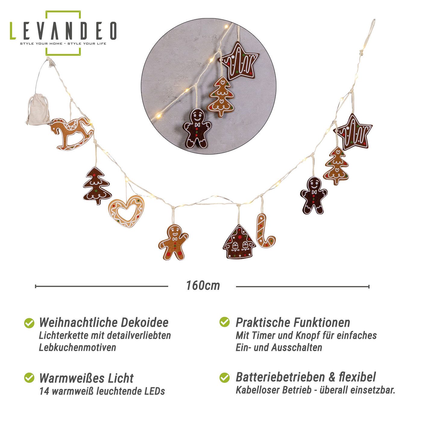 Levandeo® Lichterkette, LED Lichterkette Lebkuchen Figuren 160cm mit Timer günstig online kaufen