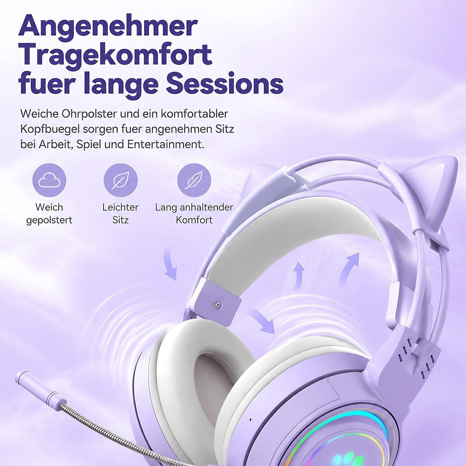 AIMAX Kabelloser Over-Ear-Kopfhörer RGB mit Mikrofon und Noise-Cancelling Bluetooth-Kopfhörer (Gaming-Headset mit Katzenohren und Hirschohren abnehmbaren für Ki – Bild 4 von 5