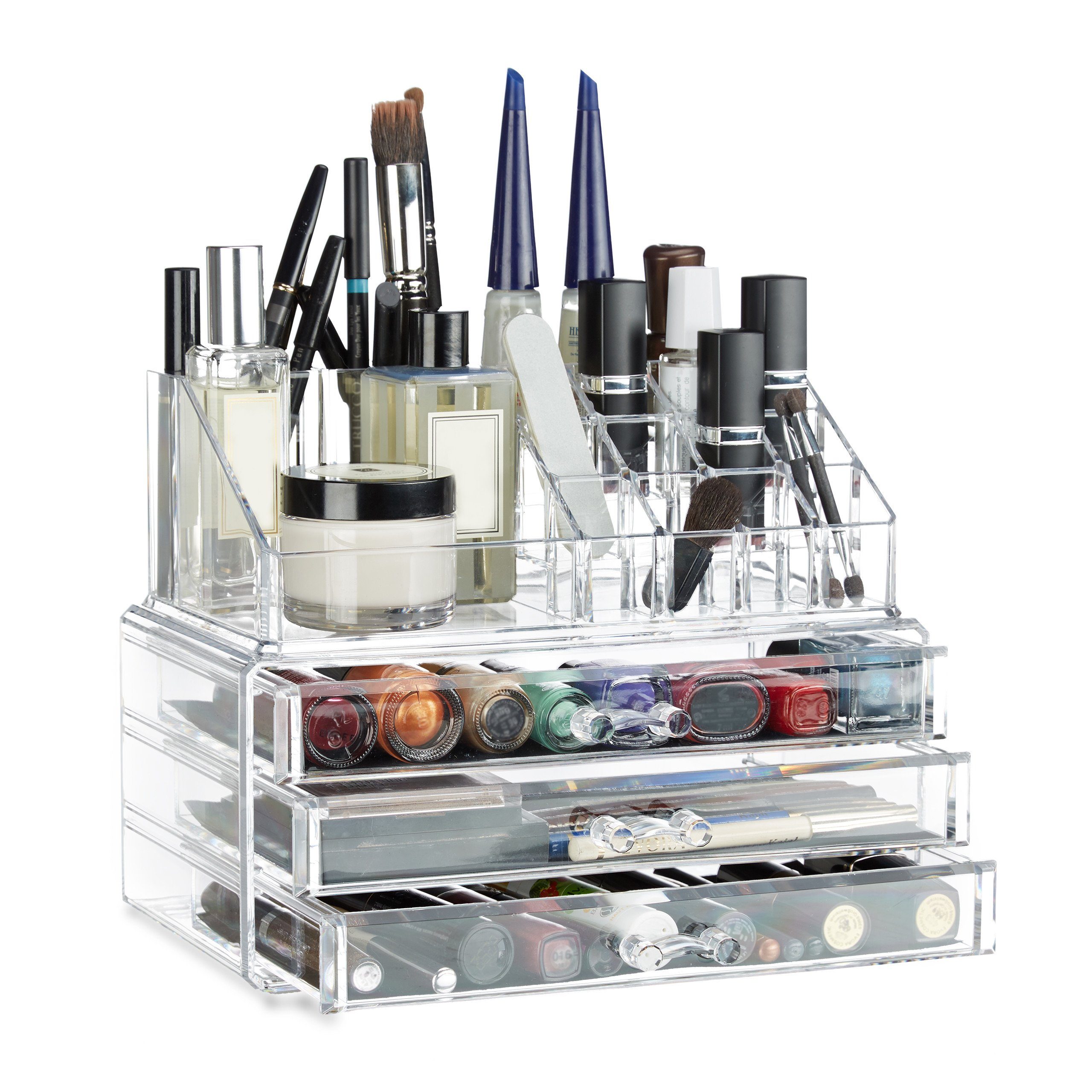 relaxdays Make-Up Organizer mit 3 Schubladen, 2-tlg., transparent