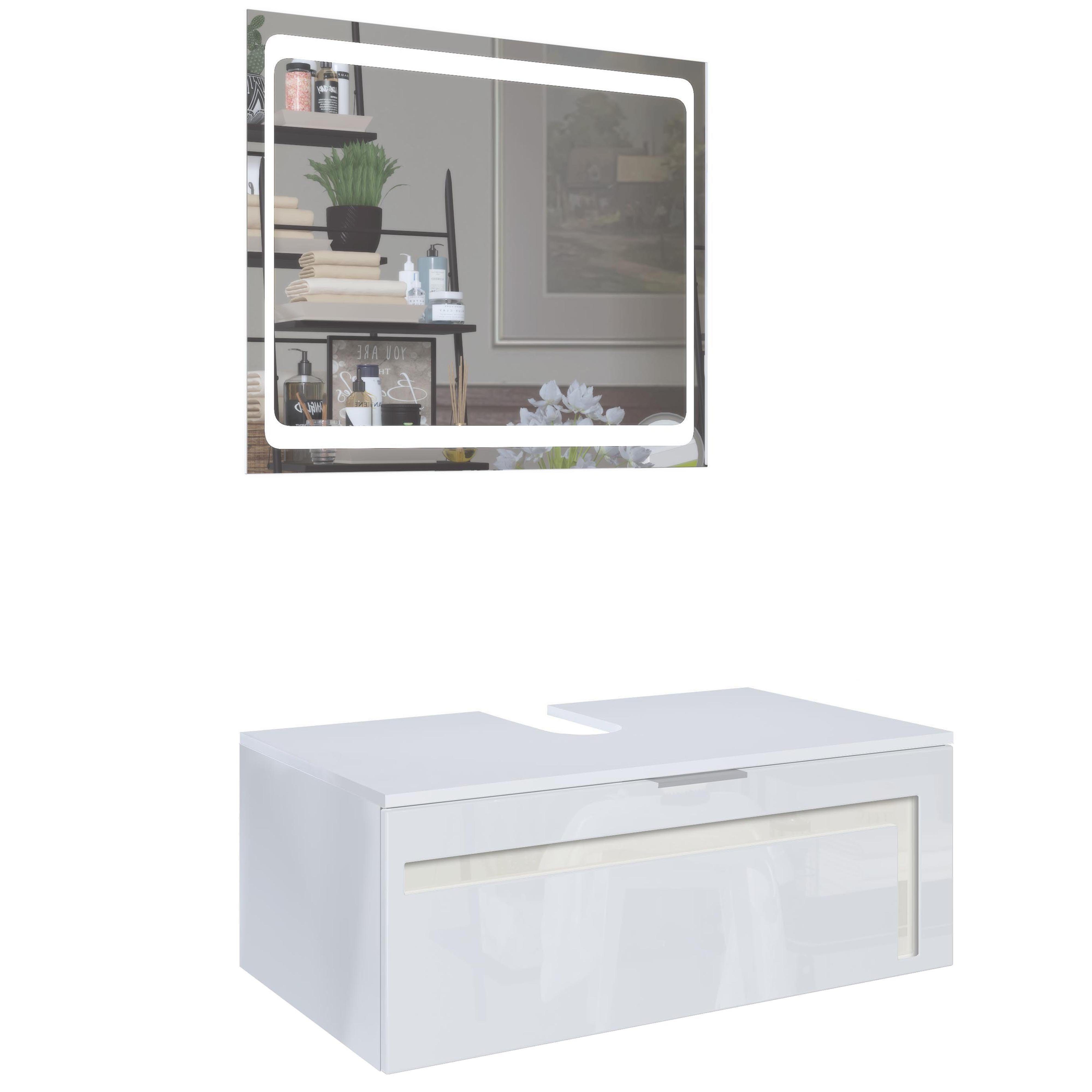Vladon Waschbeckenunterschrank Aloha V2 (Wachtischunterschrank, mit LED-Spiegel) Weiß matt/Weiß glänzend, Absetzung in Creme glänzend (96x36x51 cm)