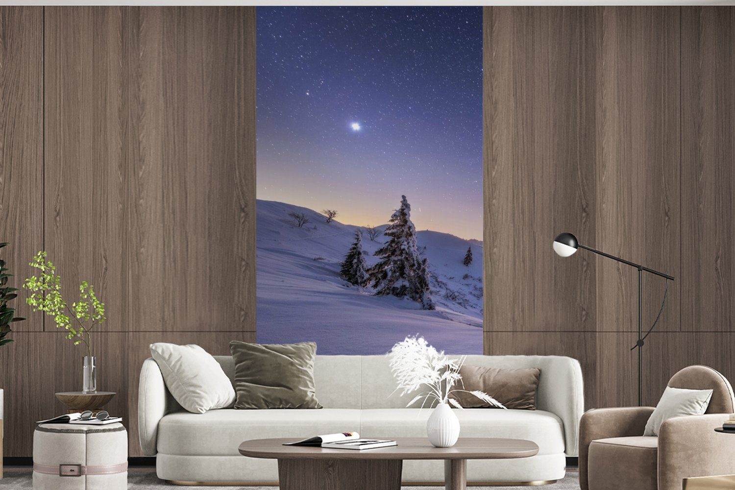Schnee Fototapete Nacht Vliestapete Küche, Matt, - für (2 St), Wohnzimmer MuchoWow Winter Fototapete - Bäume, bedruckt, Schlafzimmer -