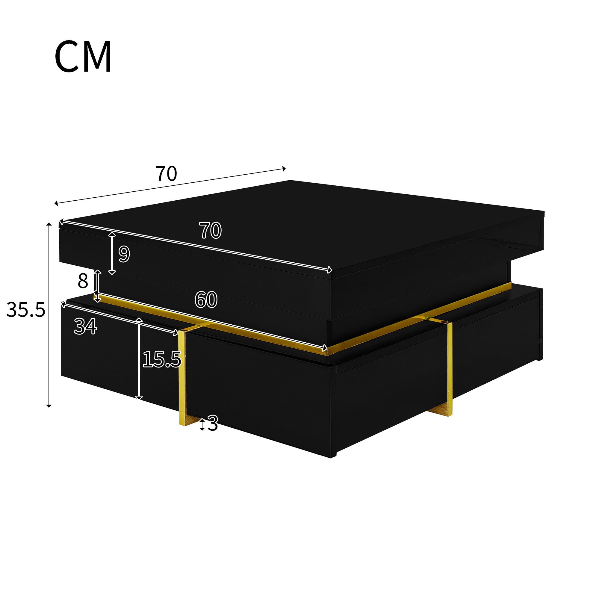 Furnishings Home Couchtisch Ablagetisch Stauraum Beistelltisch Breite 70 cm (Hochglänzender quadratischer, 70x70x35.5 cm), Wohnzimmertisch, mit 2 Schubladen und – Bild 3 von 5