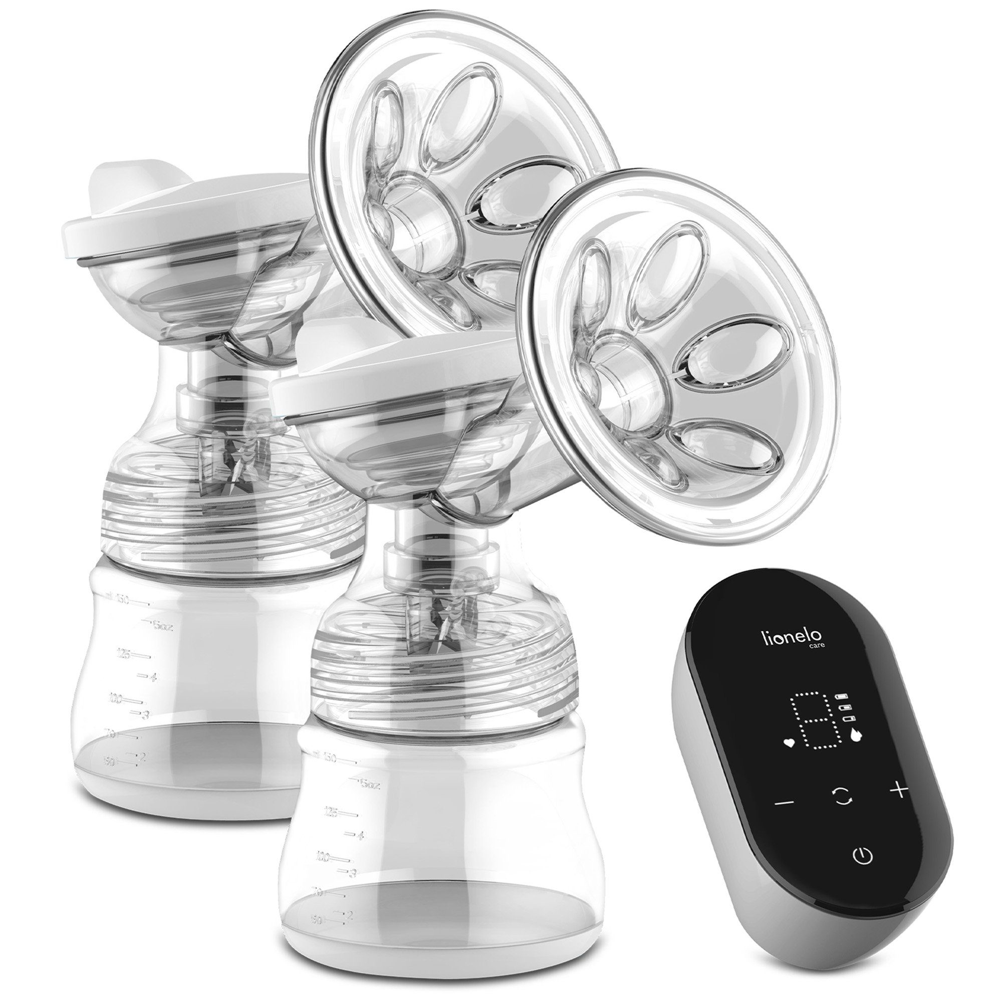 lionelo Elektrische Doppelmilchpumpe TWEE GO, 2 Stück 150ml Milchflaschen mit passendem Sauger, LED-Anzeige 9 Saugstufen Netzstrom Batterien