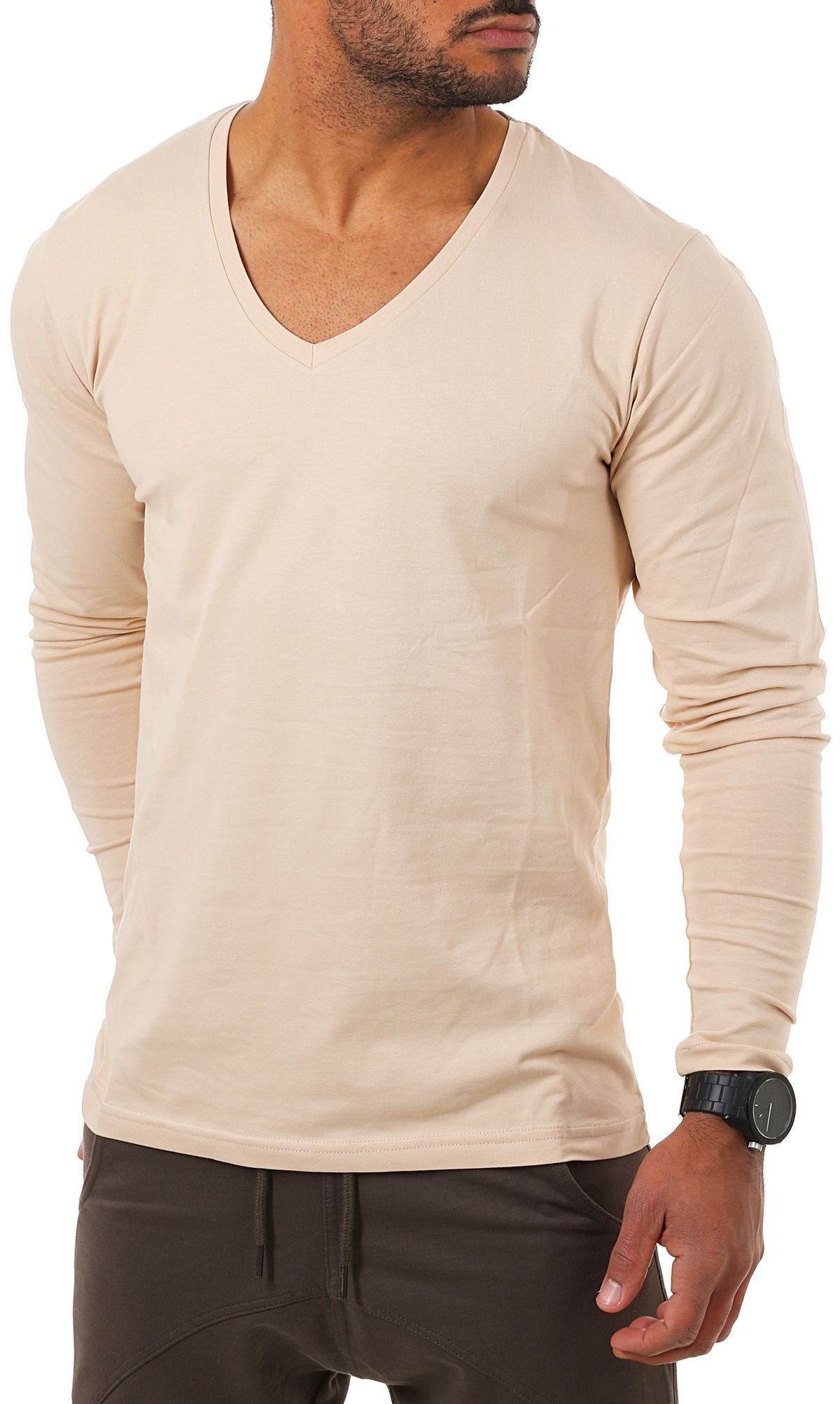 Young & Rich Langarmshirt Herren Uni Basic tiefer V-Ausschnitt Longsleeve Unterziehshirt 2239 V-Ausschnitt unifarben langarm slim fit
