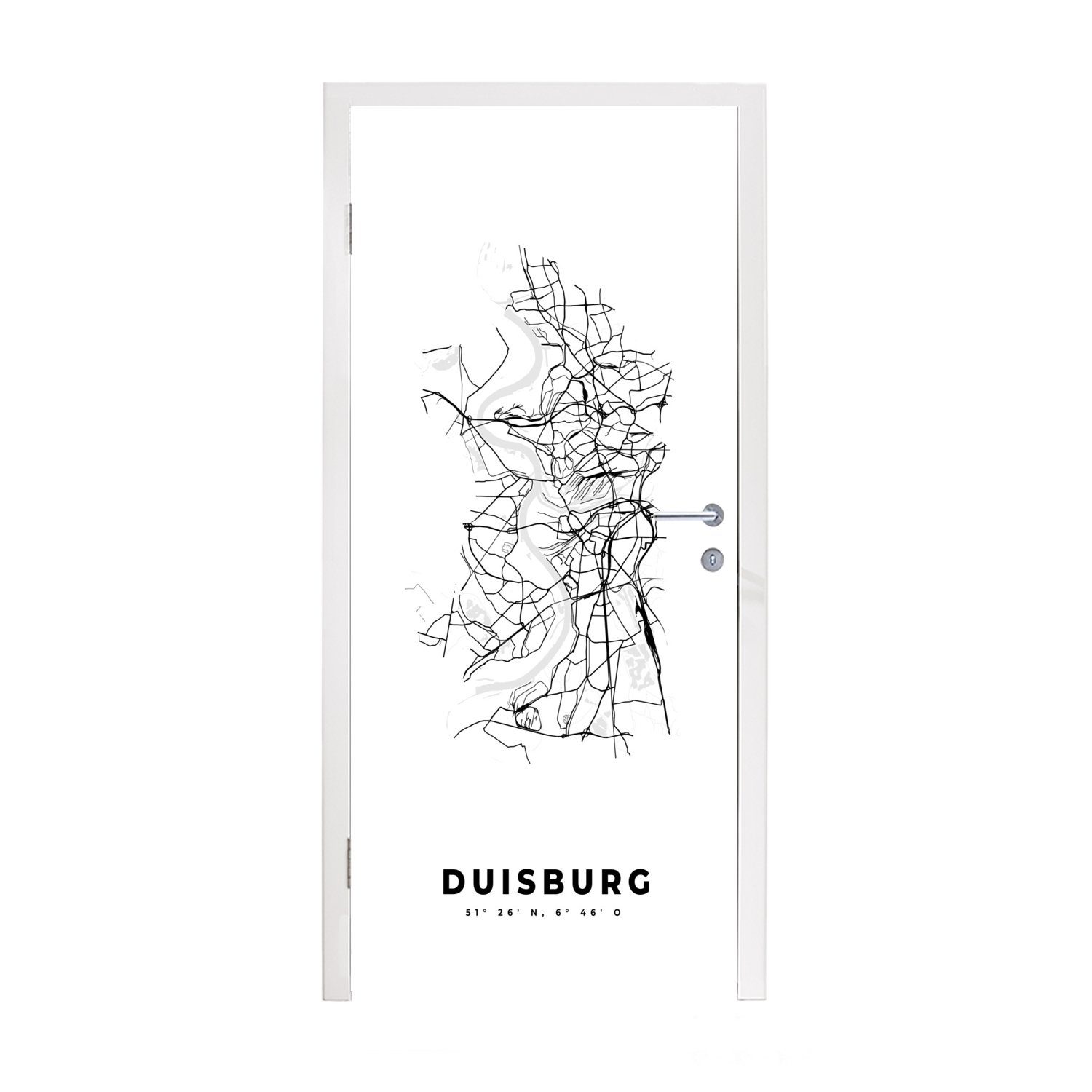 Duisburg Stadtplan Türaufkleber, - 75x205 St), (1 Türtapete MuchoWow weiß, Fototapete für Deutschland Matt, - Karte Tür, und cm - Schwarz bedruckt, -
