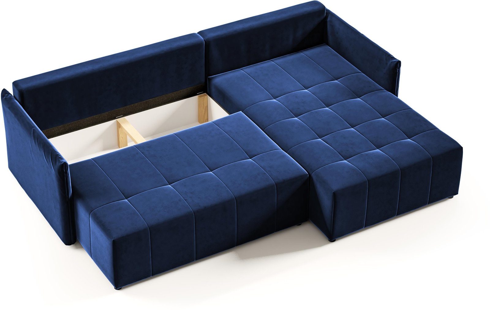 Marineblau Polstersofa L-Form universelle Ecke 09) aus Schlaffunktion, (kronos Wohnzimmer, L, Velours stilvoll Bettkasten, Ecksofa Ben Beautysofa Lounge mane, für